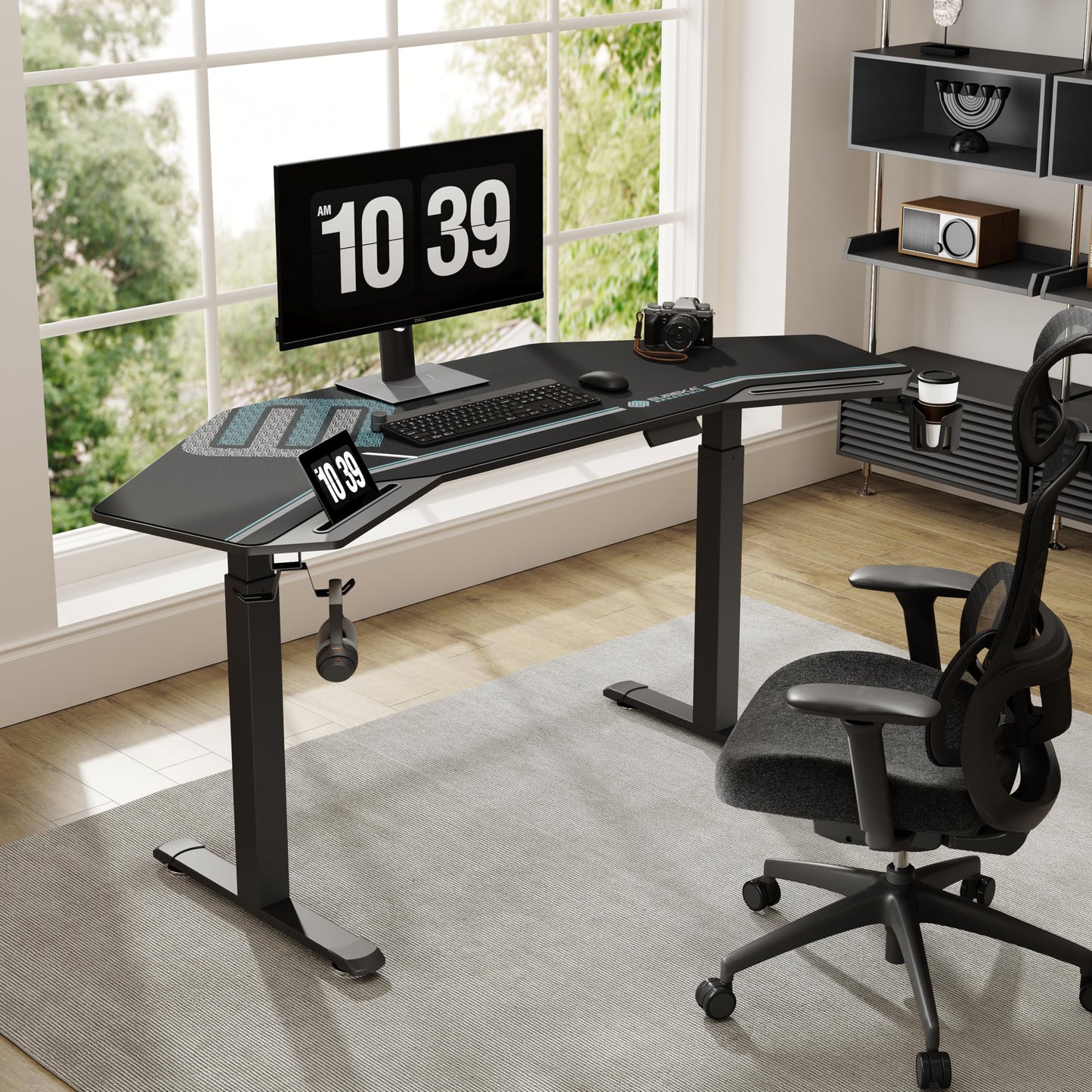 EUREKA ERGONOMIC Height Adjustable Desk 182 x 76 cm Standing Desk in Wing Shape Gaming Table Height Adjustable Electric Large Gaming Desk with LED Monitor Stand and Keyboard Shelf