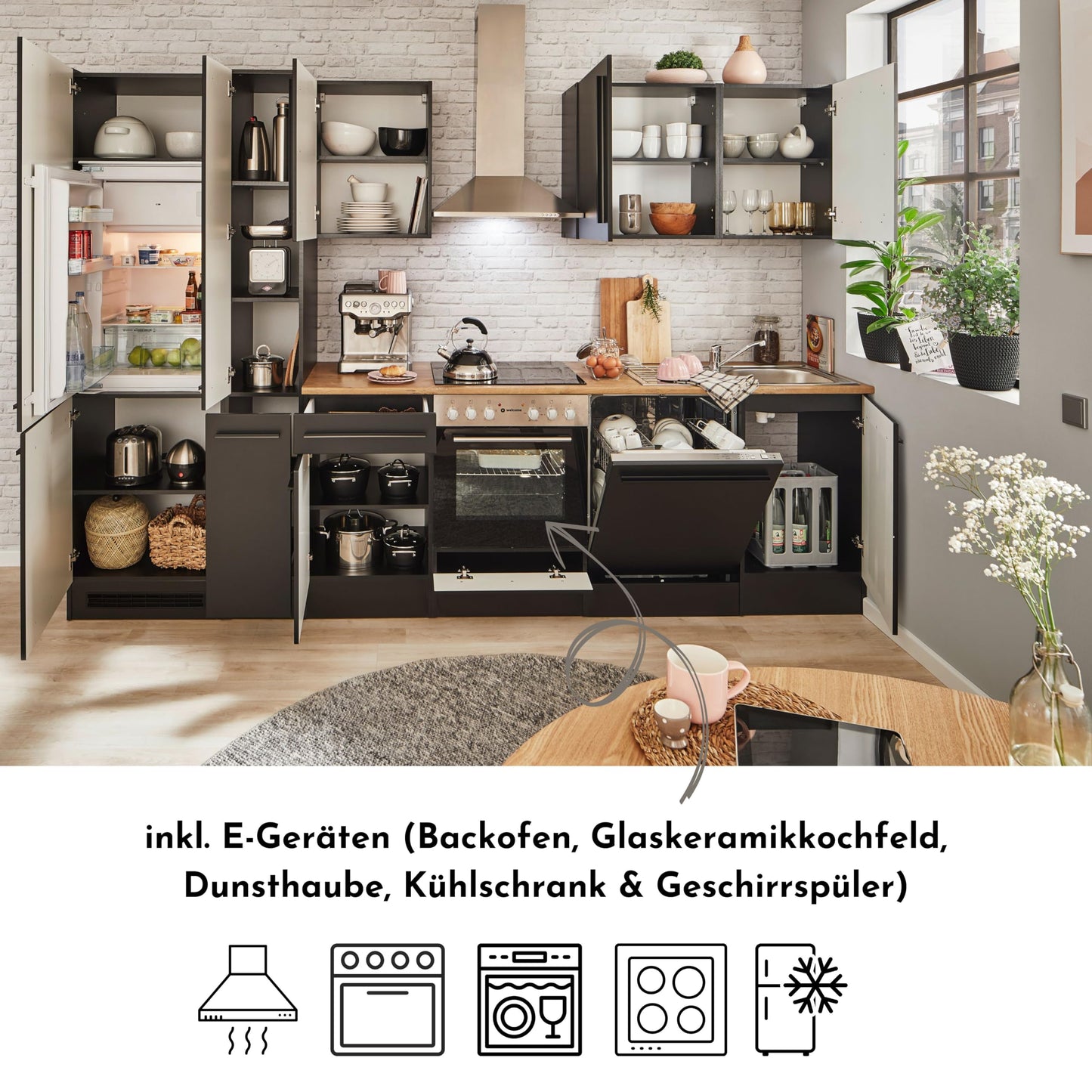 Jazz 8 Moderne Küchenzeile ohne Elektrogeräte in Anthrazit, Artisan Eiche Optik - Geräumige Einbauküche mit viel Stauraum - 220 x 211 x 60 cm (B/H/T)