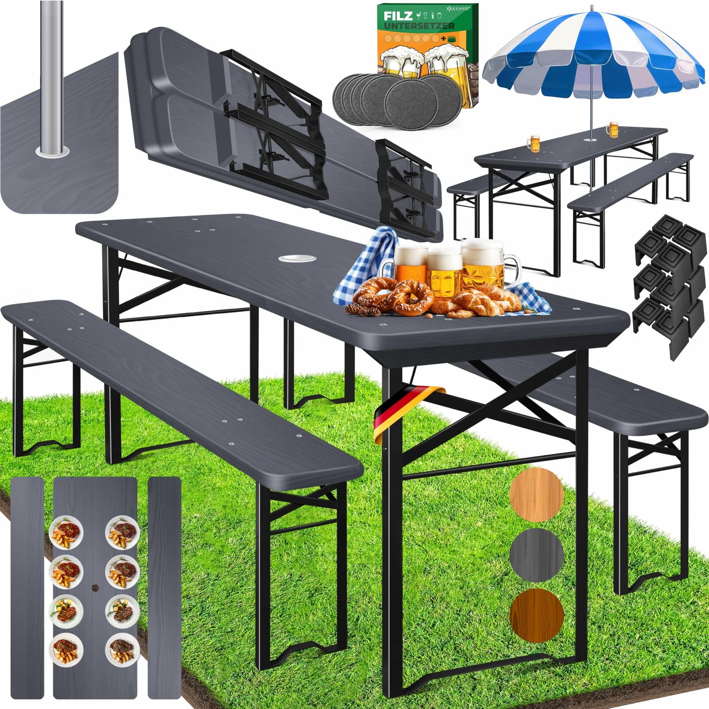 KESSER® Bierzeltgarnitur 3 teilig Gartenmöbel-Set | Klappbar 220 x 50 x 77cm | 2X Bierbänke 1x Biertisch | Festzeltgarnitur Biertisch Stehtisch Sitzgarnitur Holz 16-teiliges Bodenschoner-Set