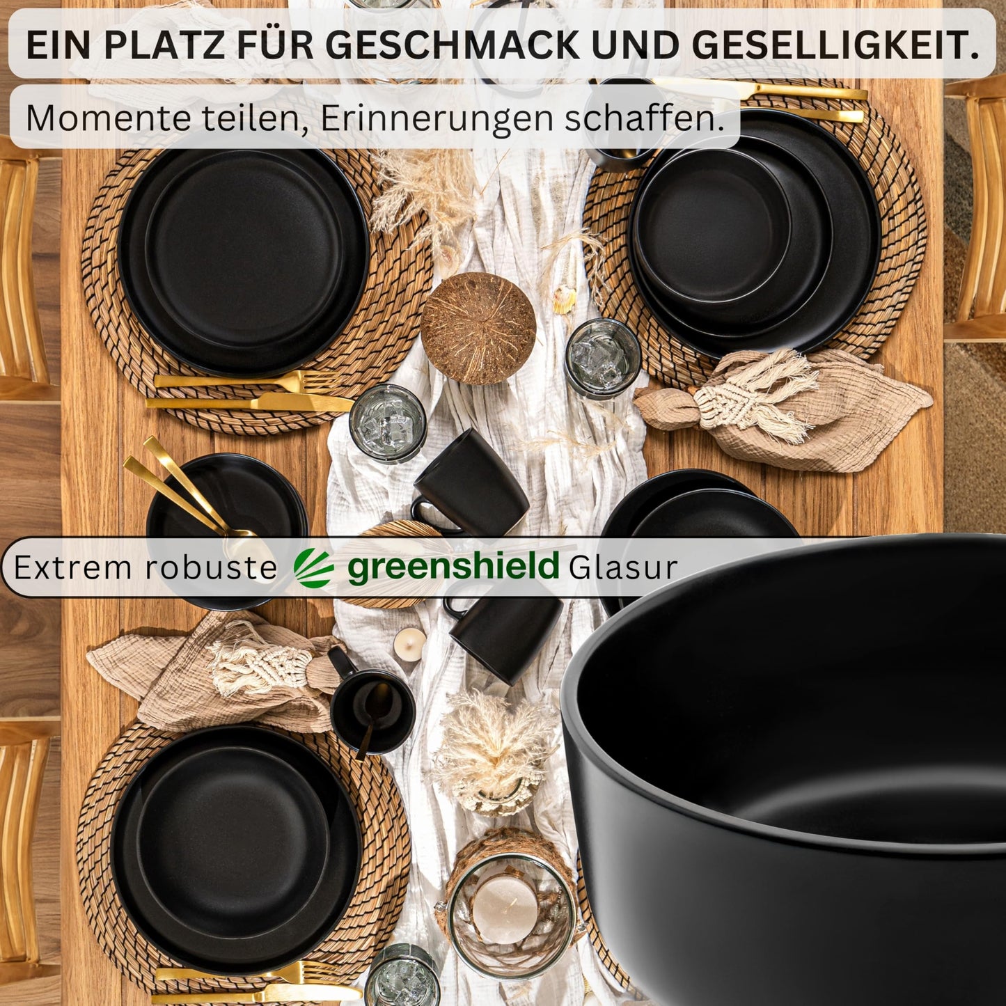 SÄNGER Madeira | Steingut Geschirr Set 18 tlg, Teller Set 6 Personen, Geschirrset 6x Speiseteller 6x Müslischalen 6x Dessertteller, Tafelservice schwarz kratzfest, Essgeschirr matt | VALUE COLLECTION