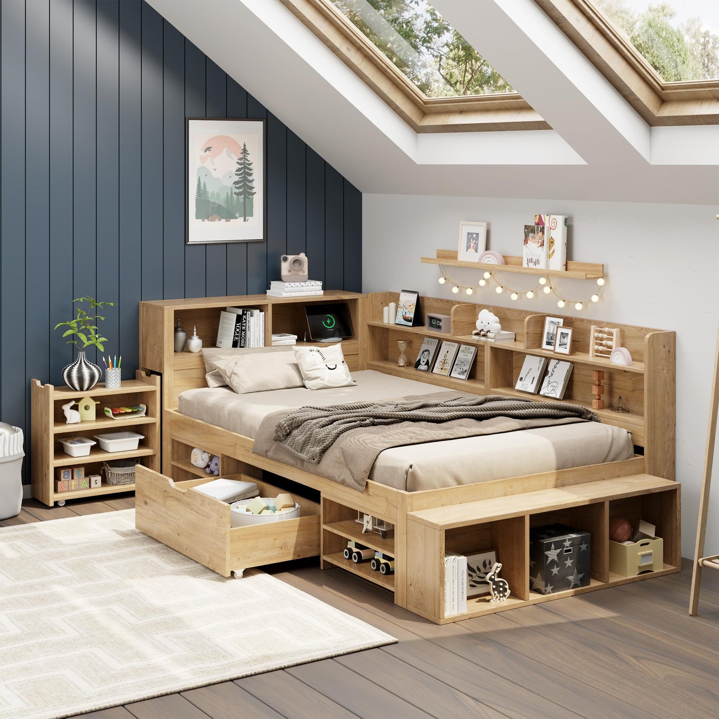 Children's Bed 90 x 200 cm, Wooden Bed with Drawers and Board, Headboard with Bookshelf and Fall Protection, Bed with Slatted Frame and Storage Space, Teenager's Bed, Functional Bed, Wooden Bed Frame,