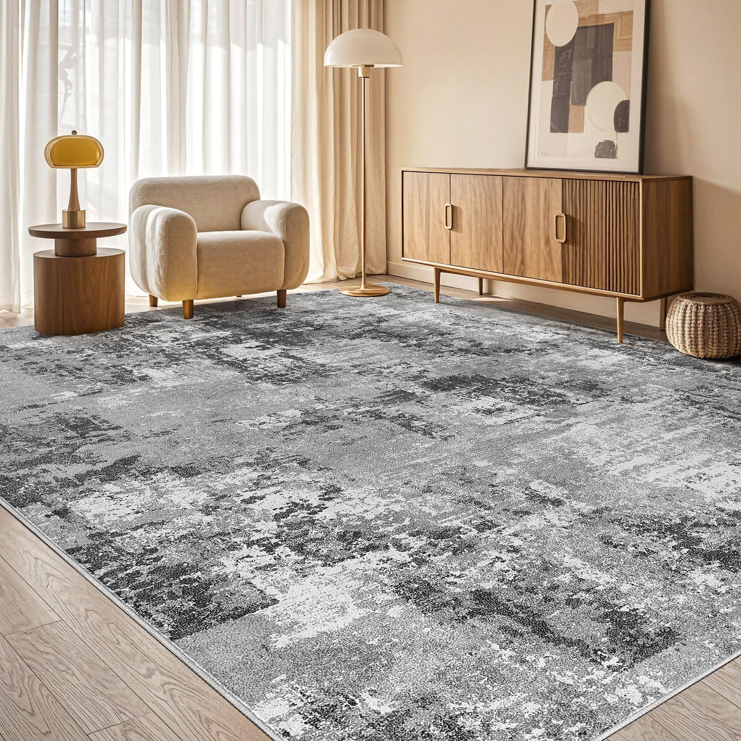 Tortania Washable 5x7 Area Rug for Living Room: Modern Abstract Neutral Large Soft Thin Rugs - Non Slip Indoor Carpet for Bedroom Dining Room Office Nursery Home Floor Decoration - Grey