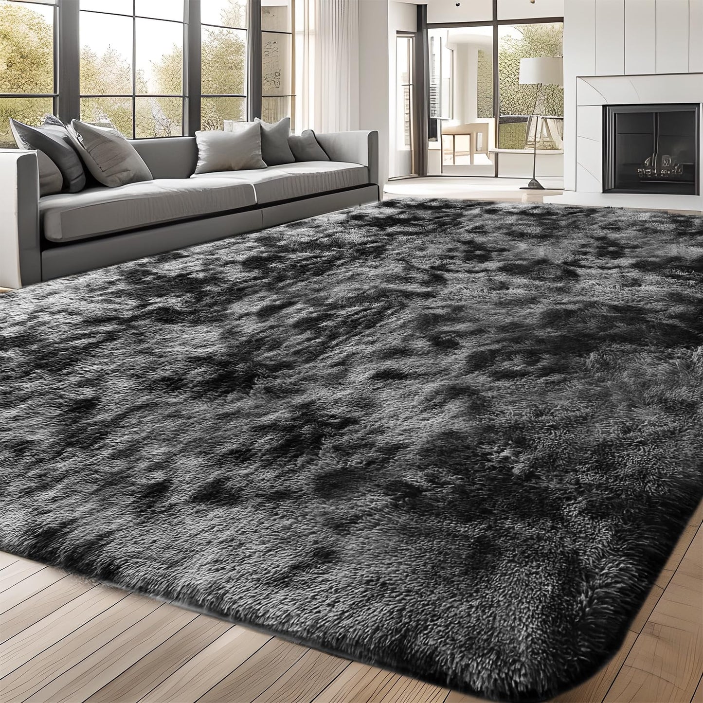 ZRSDIXKI Living Room Rugs 160 x 230 cm, Extra Large Shaggy Soft Rug, Fluffy Area Carpet, Modern Tie-dye Carpet, Washable Rugs for Home Decor, Bedroom, Dorm, Kids Room Lounge Office, Dark Grey
