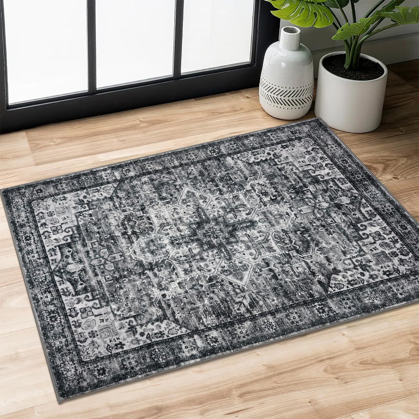 2x3 Blue Washable Rug for Entrance, Soft Traditional Area Rug, Non-Slip Printed Kitchen Rugs, Low-Pile Medallion Indoor Door Mat, Small Farmhouse Carpet for Entryway Kitchen Foyer Bedside