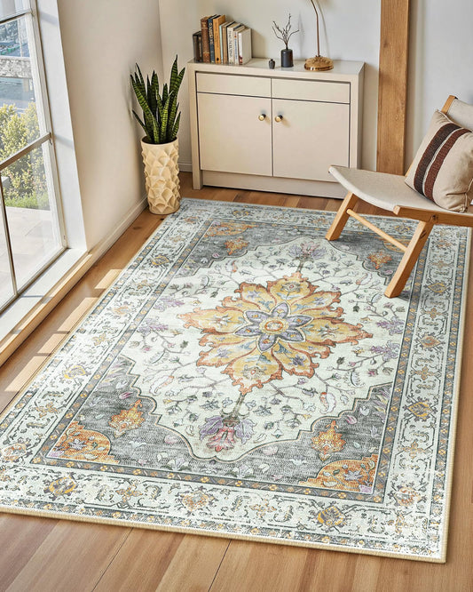INOVADAY Vintage Waschbarer Teppich Wohnzimmer 90x150 cm Boho Kurzflor rutschfest Teppich Weich Teppiche mit Druckmuster für Schlafzimmer, Esszimmer, Büro Beige/Blau/Orange