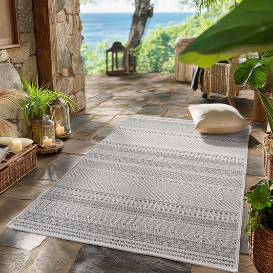 SIMPEX Outdoor Teppich Wetterfest Beige 140x200 cm, UV-beständig, ideal für Küche, Balkon, Terrasse, Garten Wohnzimmer Esszimmer, Skandinavisches Boho-Design, Pfelgeleicht