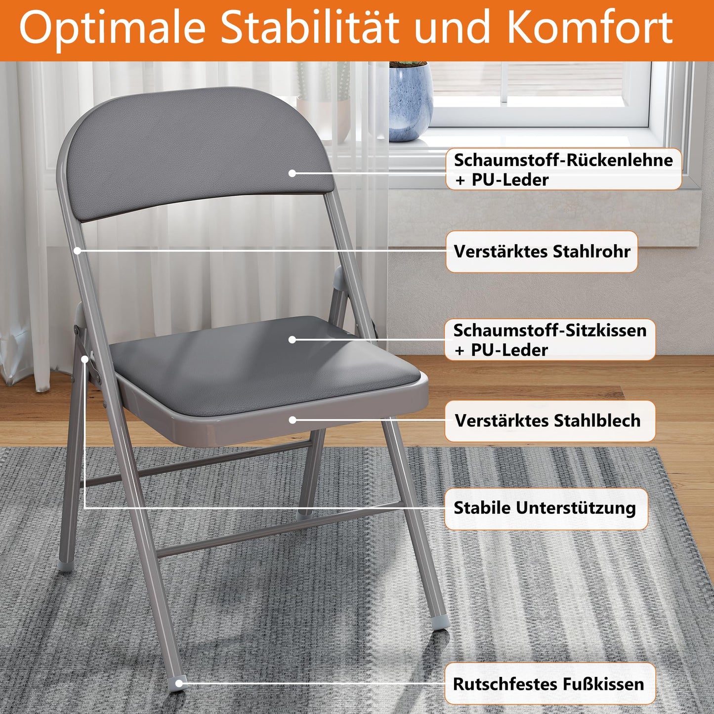 Asdsed Klappstuhl 4er Set, Klappstühle Gepolstert, Klappstuhl bis 158KG Gepolstert mit Starker Stahlrahmen, Faltbarer Klappstühle Platzsparender Schreibtischstuhl für Haus Büro Garten Balkon Party