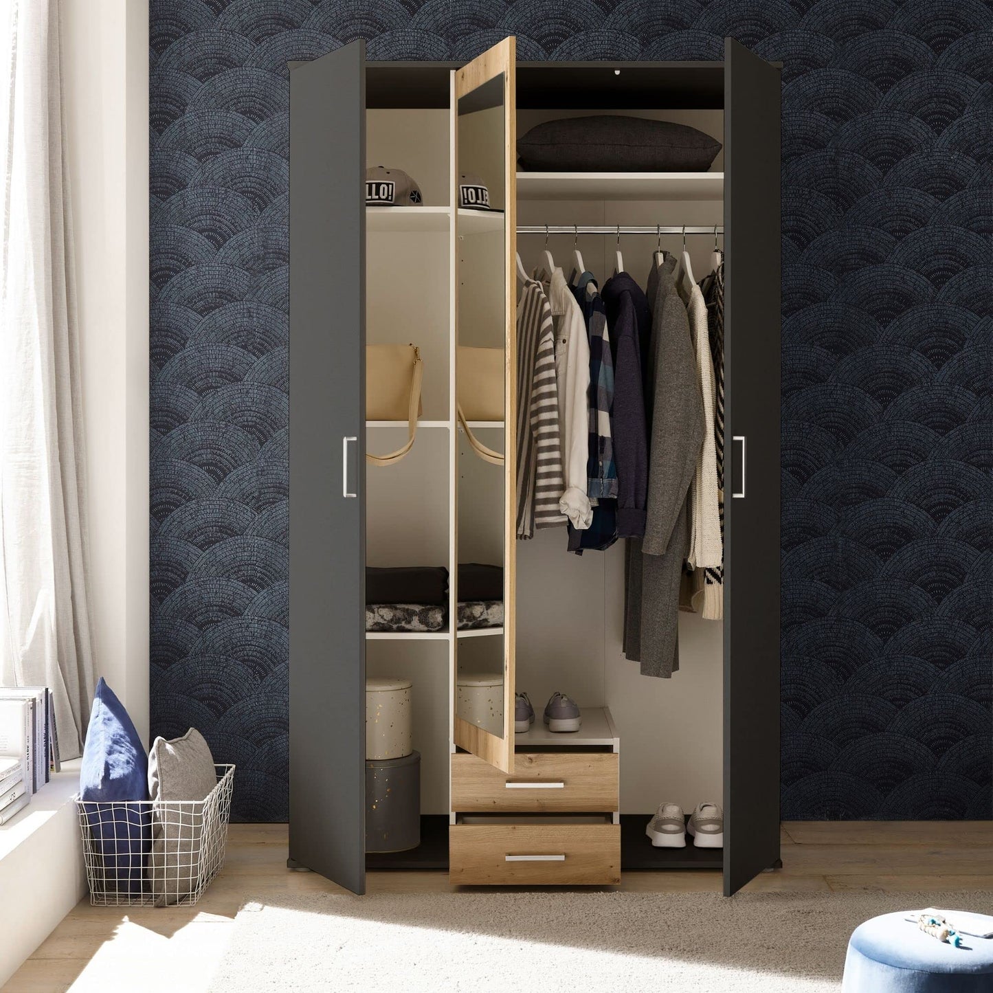 Stella Trading HANAU Wardrobe with Mirror Door in White, Graphite, Versatile Hinged Door Cupboard, 4 Doors for Your Bedroom, 160 x 196 x 54 cm (W x H x D)