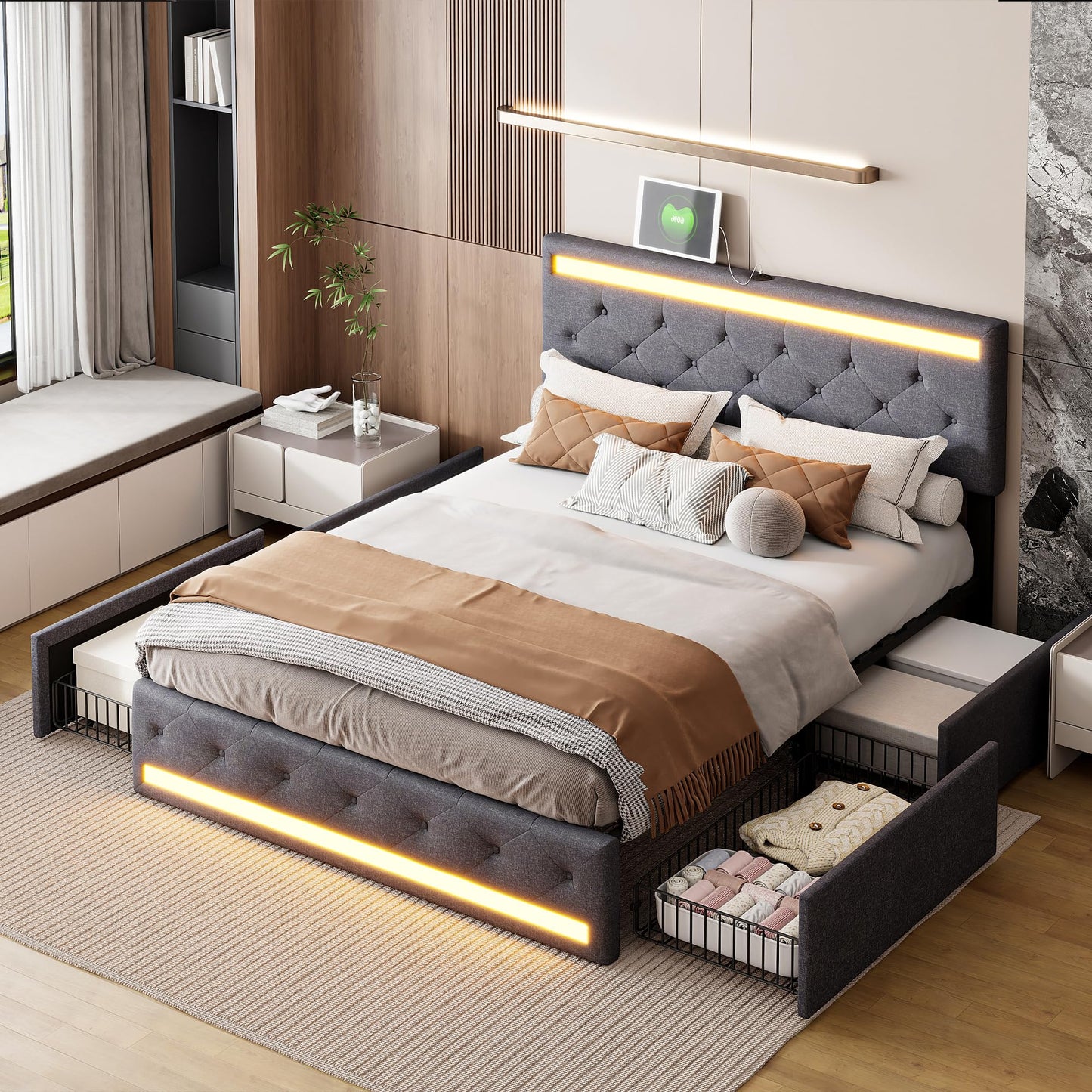 KeepGoon Doppelbett 140 x 200 cm,Polsterbett mit LED-Leuchten, 4 Eisenschubladen und einem USB Ladeanschluss,Stauraumbetten Bettgestell,Leinenstoff (Beige)