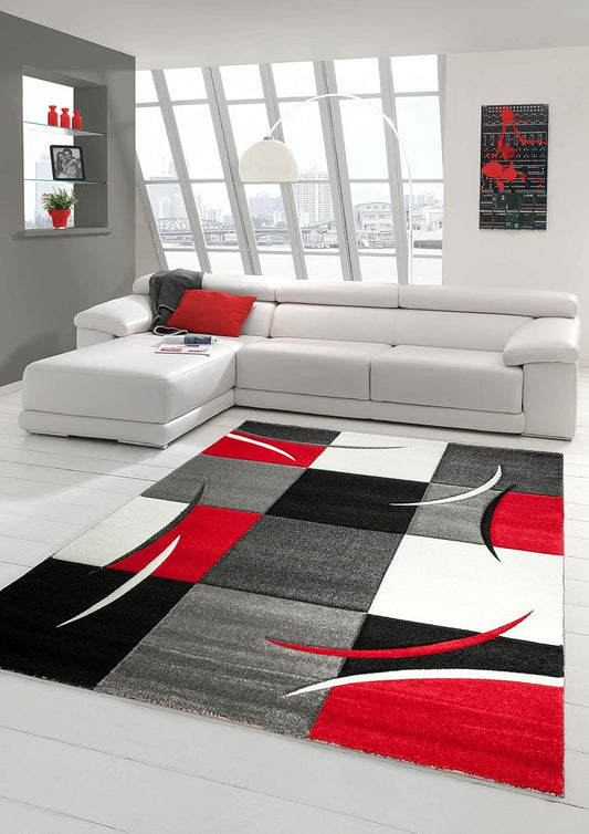 Designer Rug, Modern Short Pile Rug with Contour Cut, Chequered Pattern, Living Room, Red, Grey, White, Black