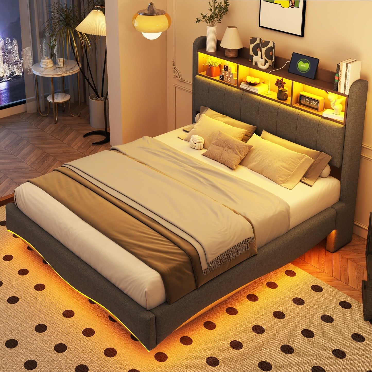 LAKFEW Polsterbett 140X200 cm, Doppelbett Stauraumbett mit LED-Beleuchtung, Erwachsenenbett mit USB/Typ-C, Bettgestell Bett mit Lattenrost, Ohne Matratze, Grau, Leinen