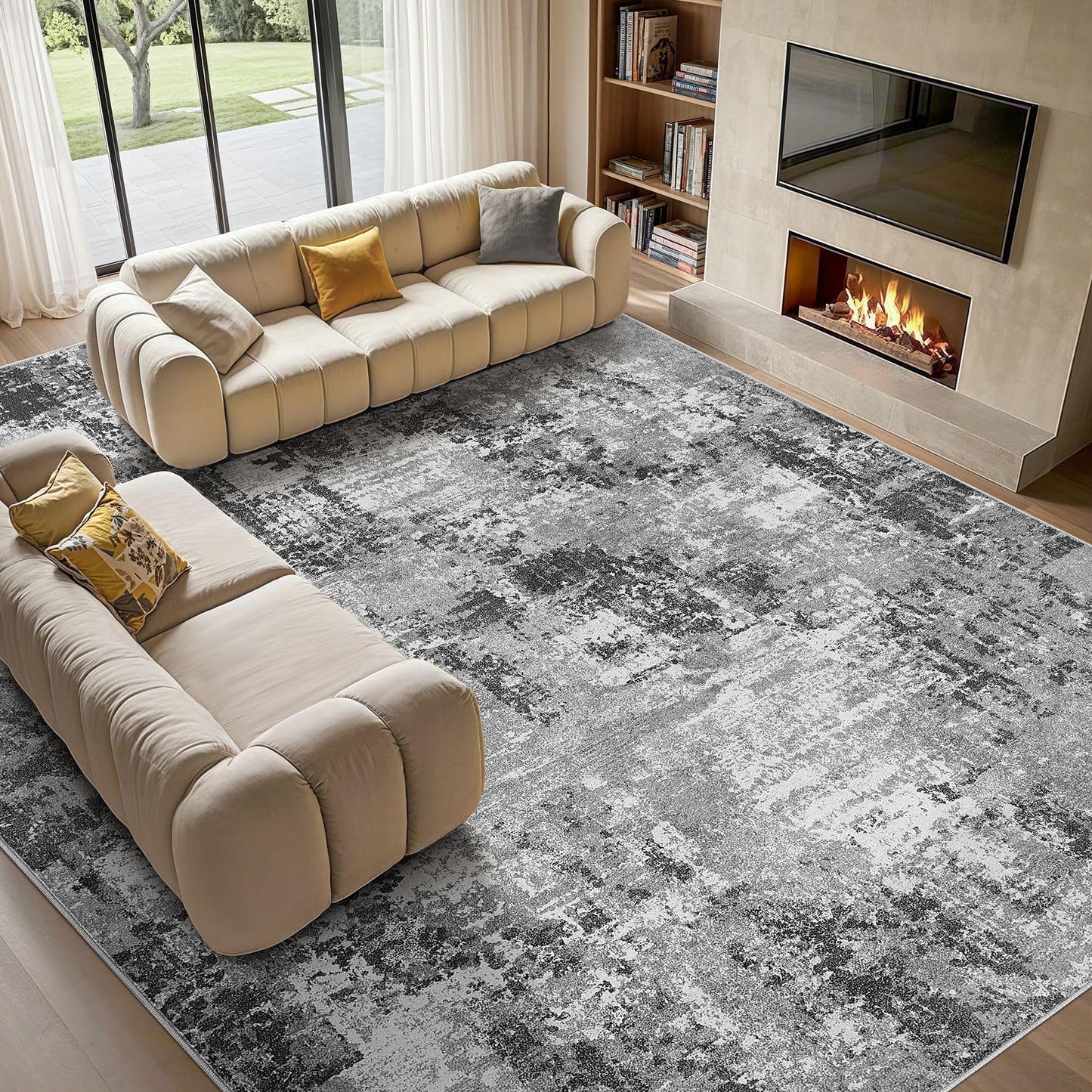 Tortania Washable 5x7 Area Rug for Living Room: Modern Abstract Neutral Large Soft Thin Rugs - Non Slip Indoor Carpet for Bedroom Dining Room Office Nursery Home Floor Decoration - Grey