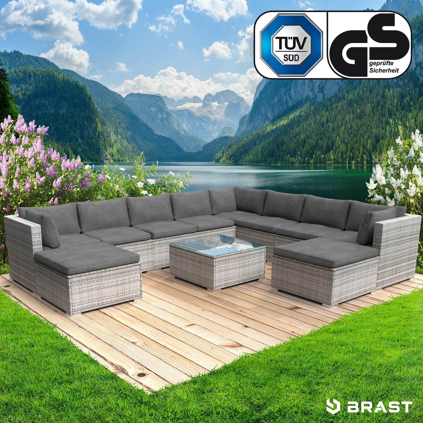 BRAST® Gartenmöbel Lounge Set XXL | 8-12 Personen viele Modelle & Farben | inkl. extra Dicke Kissen | TÜV geprüft | Outdoor Loungemöbel Sitzgruppe Essgruppe Garnitur | Dreams Grau