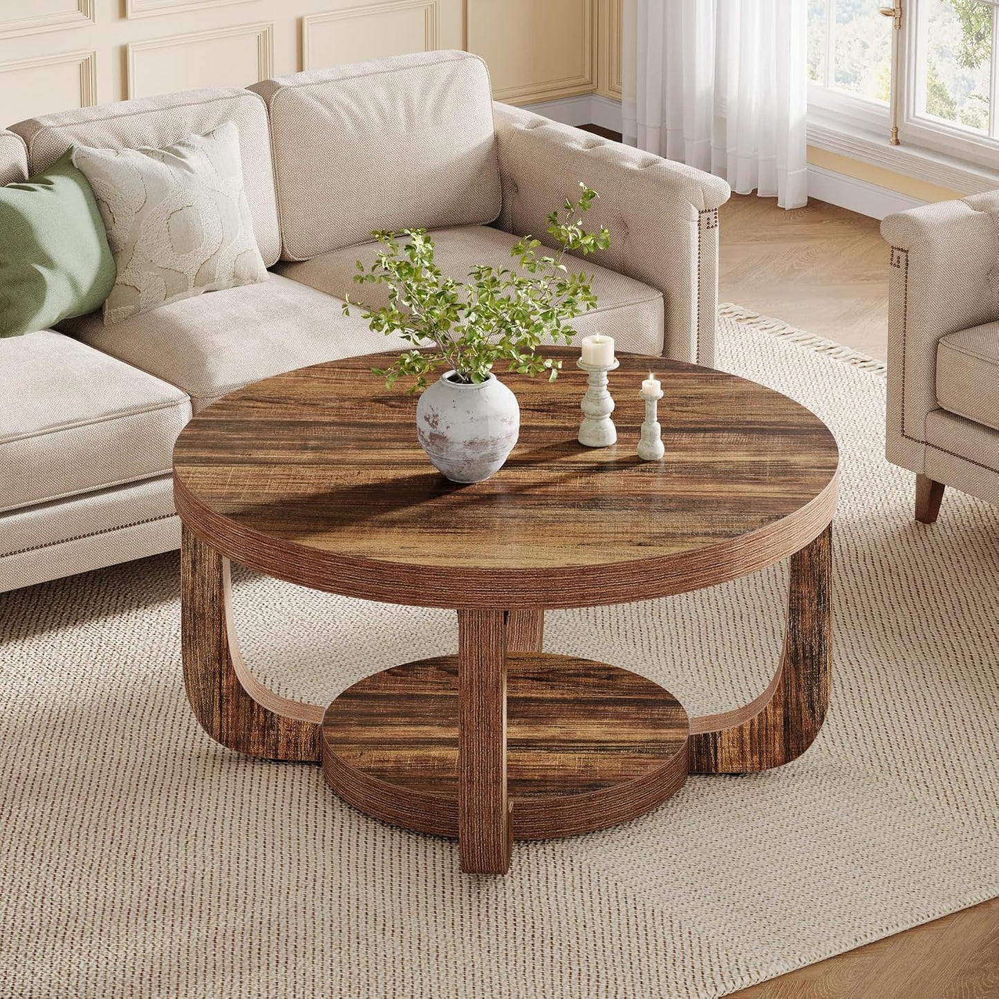 Tribesigns Round Coffee Table, 2-Tier Round Coffee Table with Storage Space, 80cm Modern Wooden Accent Table for Living Room, Thick Table Top and Base, Rustic Brown