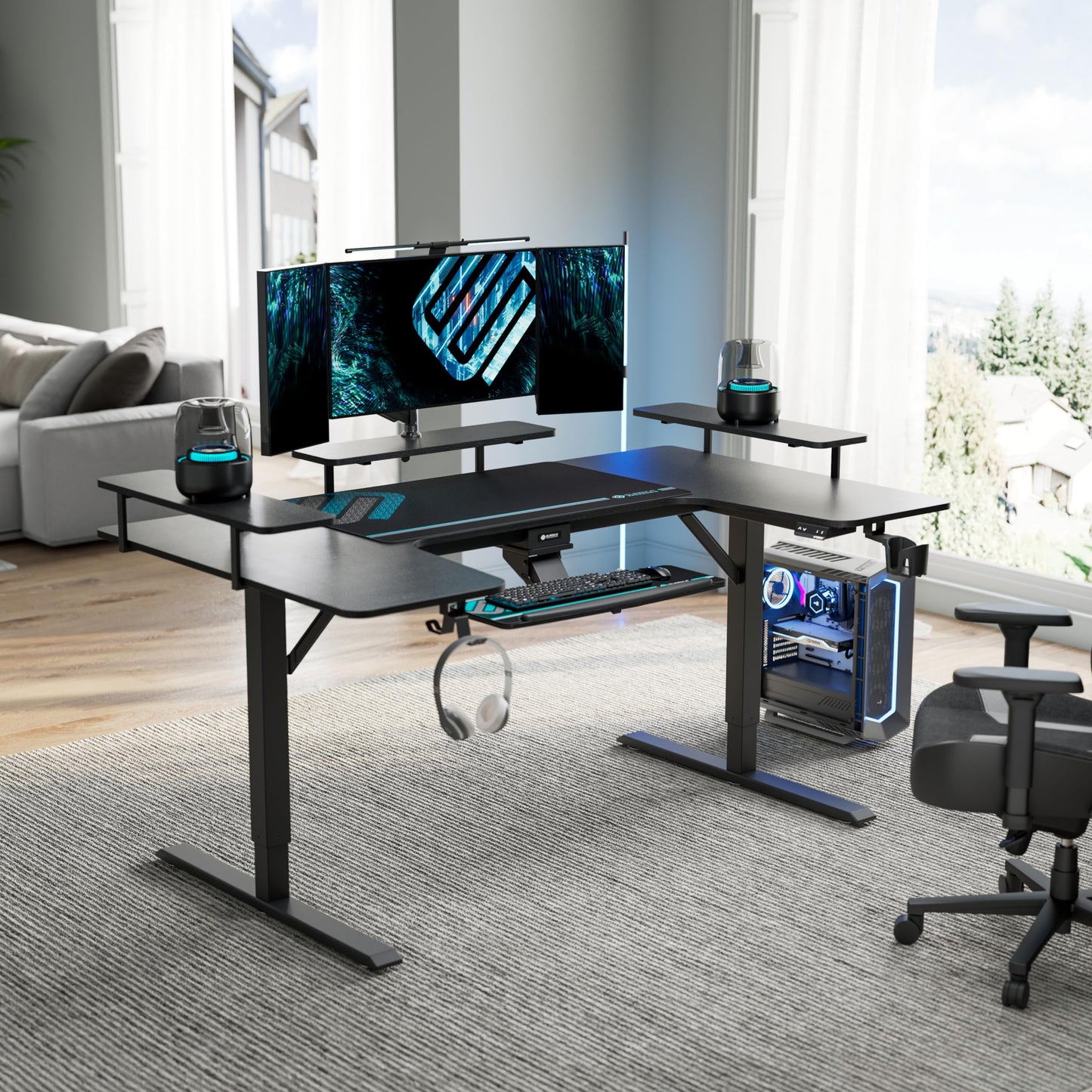 EUREKA ERGONOMIC Height Adjustable Desk 182 x 76 cm Standing Desk in Wing Shape Gaming Table Height Adjustable Electric Large Gaming Desk with LED Monitor Stand and Keyboard Shelf