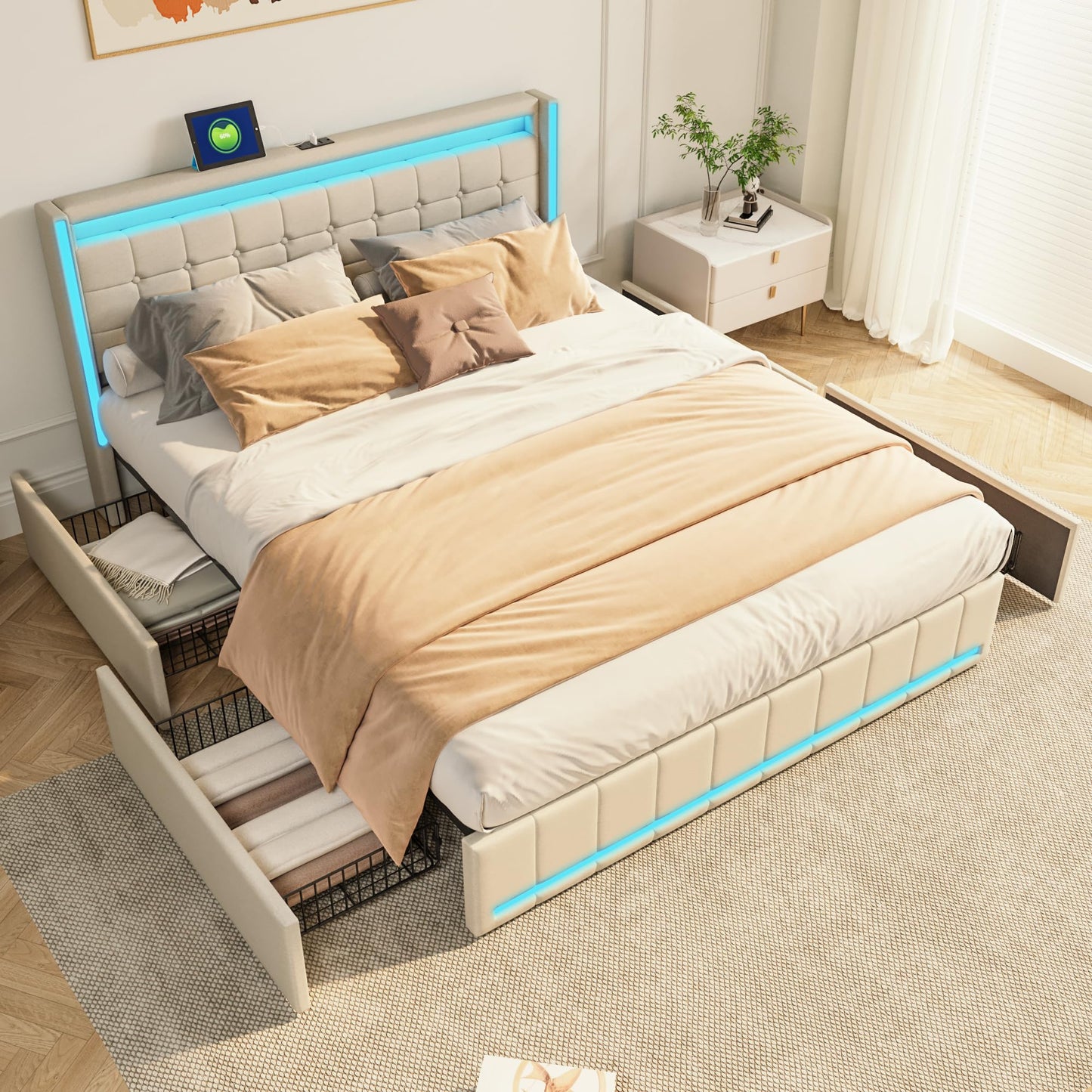 WOBOPCG Upholstered Double Bed 140 x 200, Hydraulic Storage Bed with Slatted Bases, Double Bed with Storage Space, Functional Bed with Storage Space (Grey + Flannel, 140 x 200)