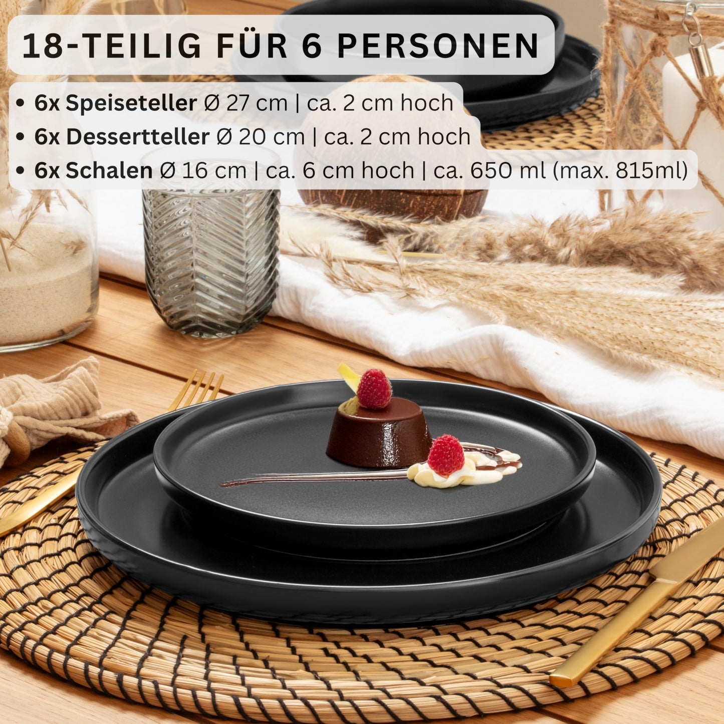 SÄNGER Madeira | Steingut Geschirr Set 18 tlg, Teller Set 6 Personen, Geschirrset 6x Speiseteller 6x Müslischalen 6x Dessertteller, Tafelservice schwarz kratzfest, Essgeschirr matt | VALUE COLLECTION