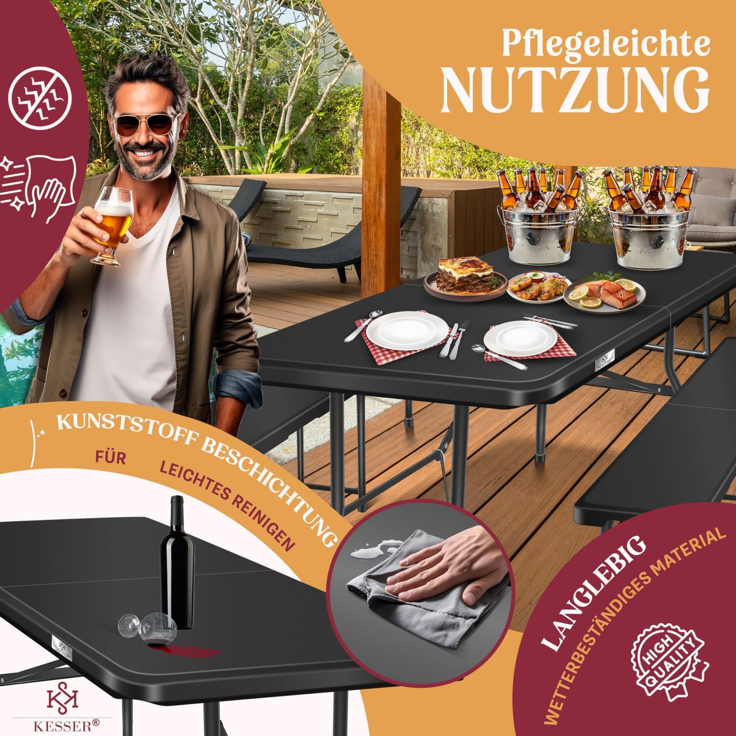 Kesser® Beer Tent Set – 3 Piece Set, Table + 2 x Bench, for Indoor / Outdoor, Folding, Carry Handles, HxWxD: 73 x 180 x 75 cm, Plastic, Rattan-Look Garden Set, Folding Table, Garden Table, Black