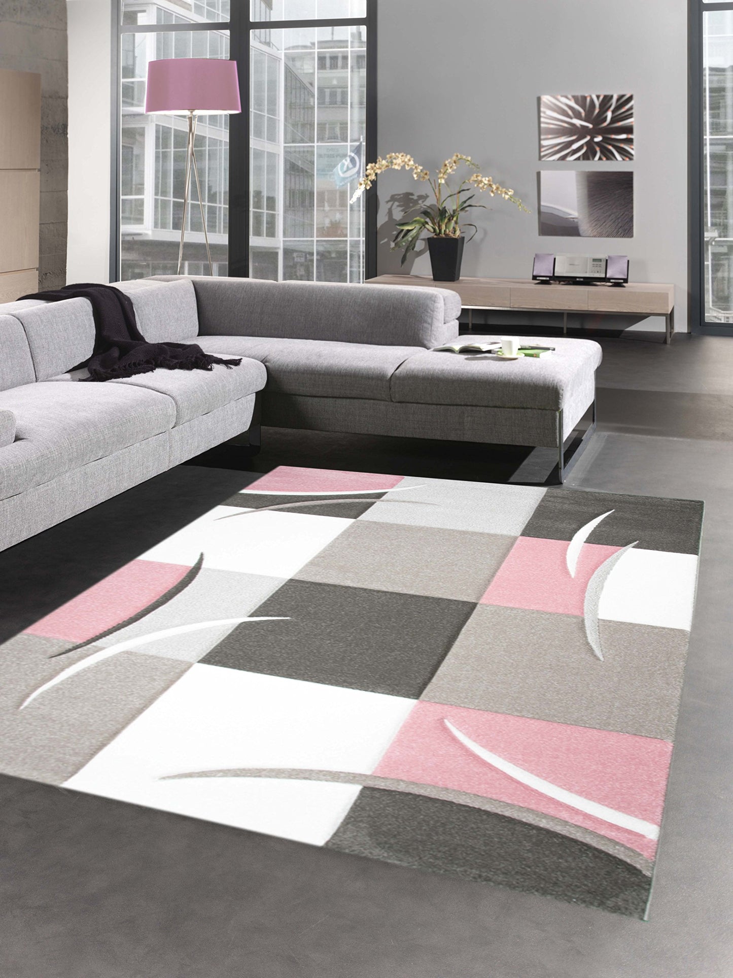 CARPETIA Modern Short Pile Living Room Rug Contour Cut Checked Abstract Grey Black White Turquoise Size 60 x 110 cm