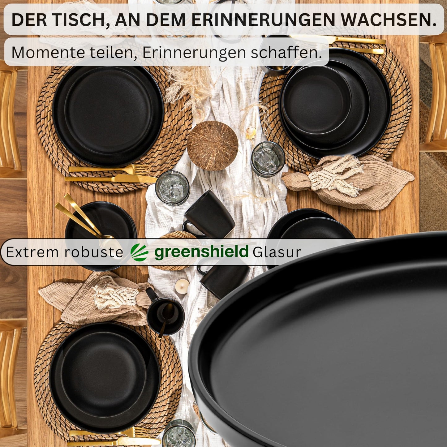 SÄNGER Madeira | Steingut Geschirr Set 18 tlg, Teller Set 6 Personen, Geschirrset 6x Speiseteller 6x Müslischalen 6x Dessertteller, Tafelservice schwarz kratzfest, Essgeschirr matt | VALUE COLLECTION