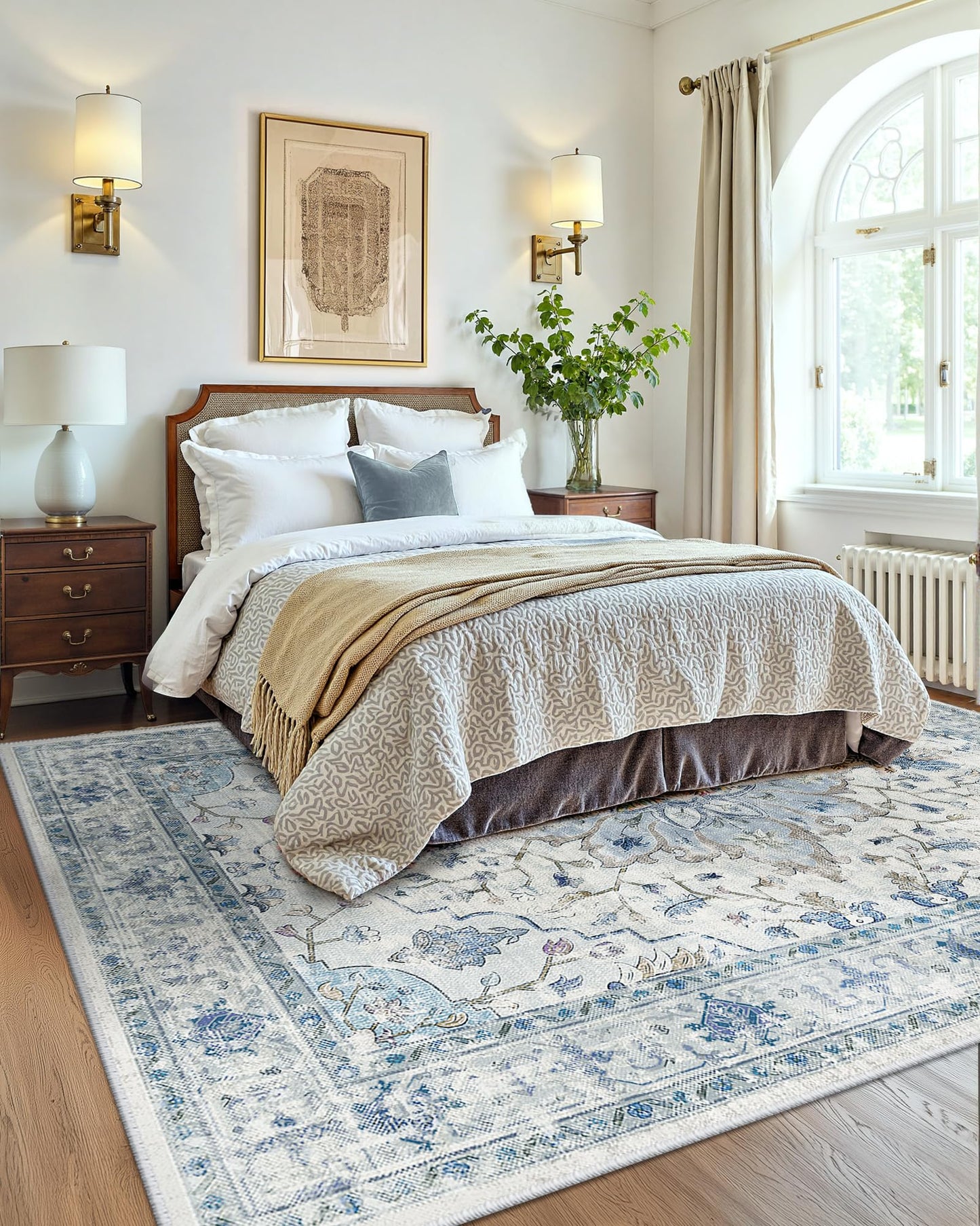 INOVADAY Vintage Waschbarer Teppich Wohnzimmer 90x150 cm Boho Kurzflor rutschfest Teppich Weich Teppiche mit Druckmuster für Schlafzimmer, Esszimmer, Büro Beige/Blau/Orange