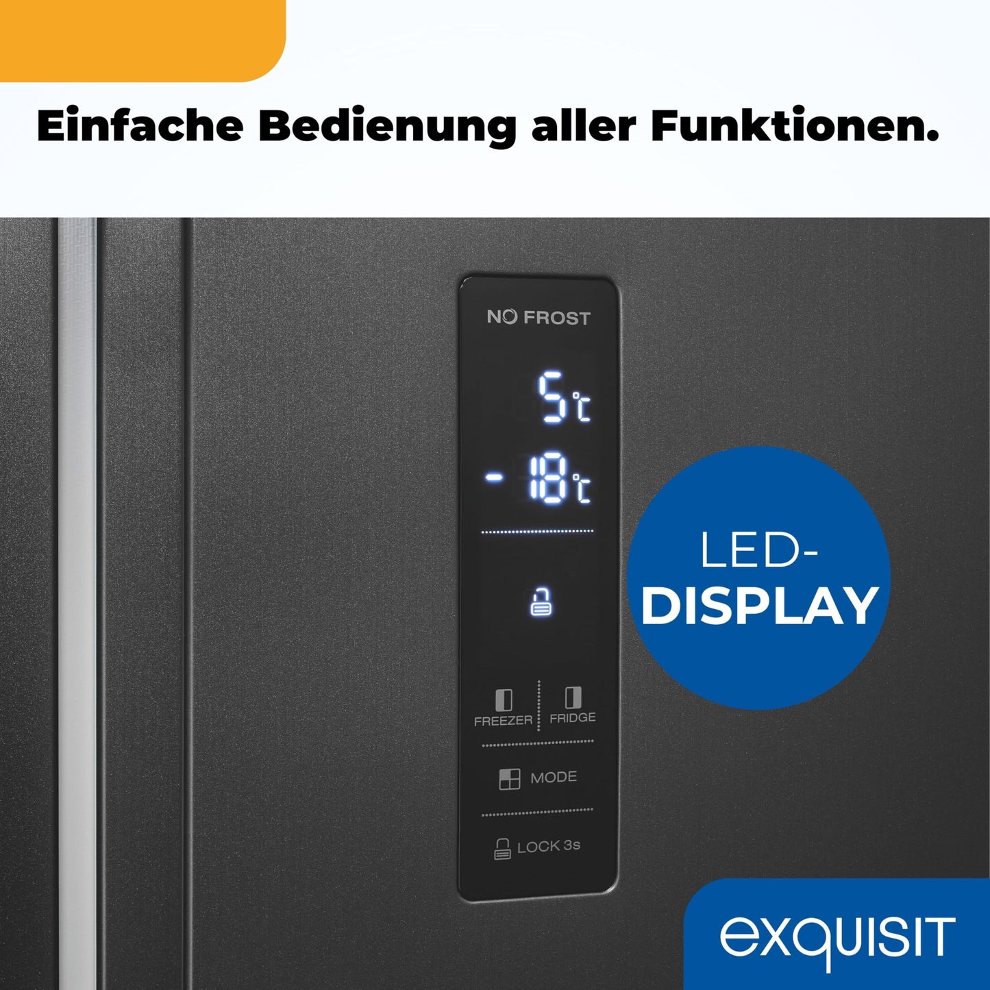 Exquisit Side-by-Side Fridge, Fridge-Freezer, NoFrost, 442 Litres, Quick Freeze, Alarm, 4-Star Freezer, LED Display, SBS546-040E inoxlook-az