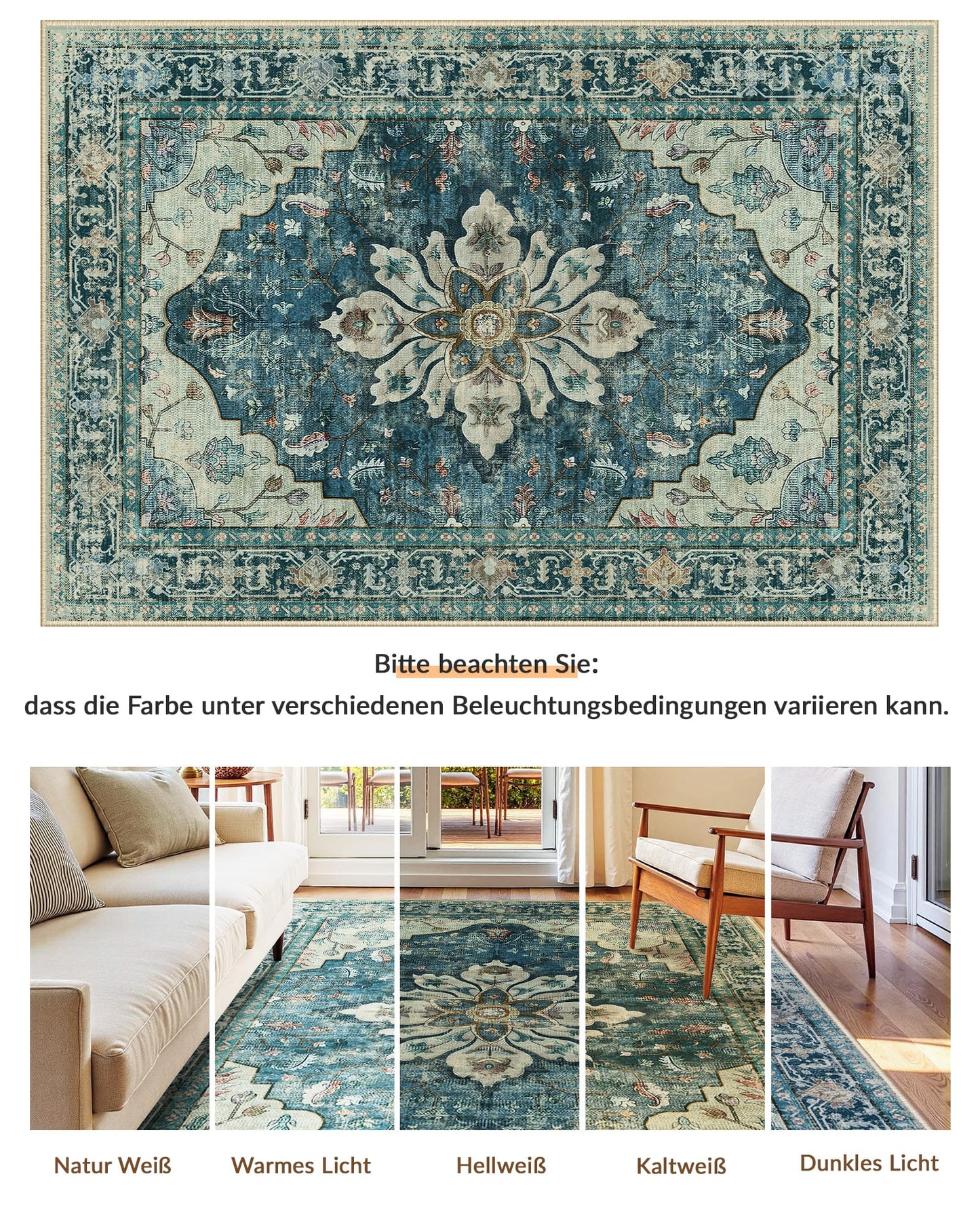 INOVADAY Vintage Waschbarer Teppich Wohnzimmer 90x150 cm Boho Kurzflor rutschfest Teppich Weich Teppiche mit Druckmuster für Schlafzimmer, Esszimmer, Büro Beige/Blau/Orange
