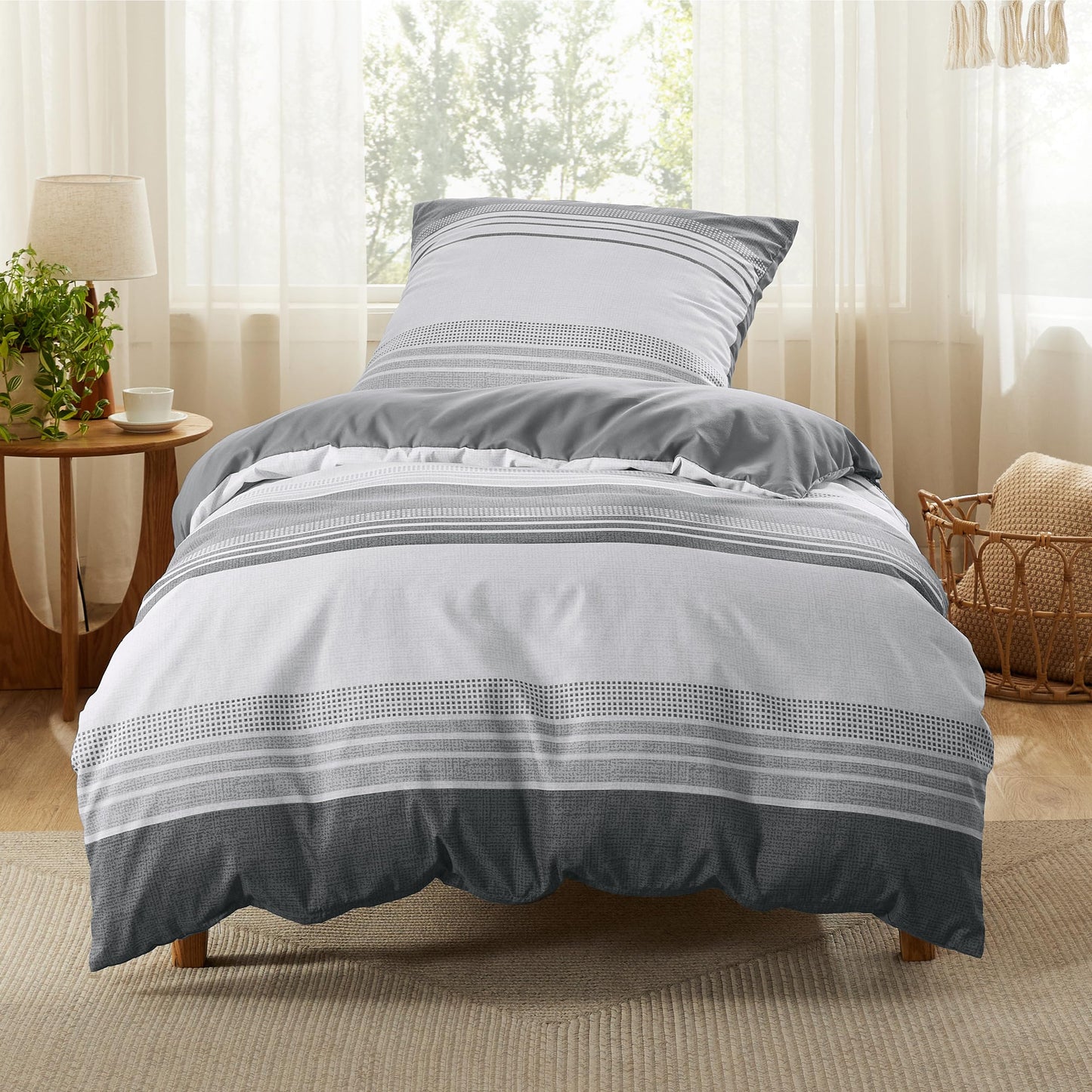 BEDSURE Bettwäsche 135x200 4teilig Bettbezug - Bettwäsche-Sets 135 x 200 cm 2er Set mit 2 Kissenbezüge 80x80cm, ÖKO-TEX Wendebettwäsche Bedding Zweige Grau Muster mit Reißverschluss