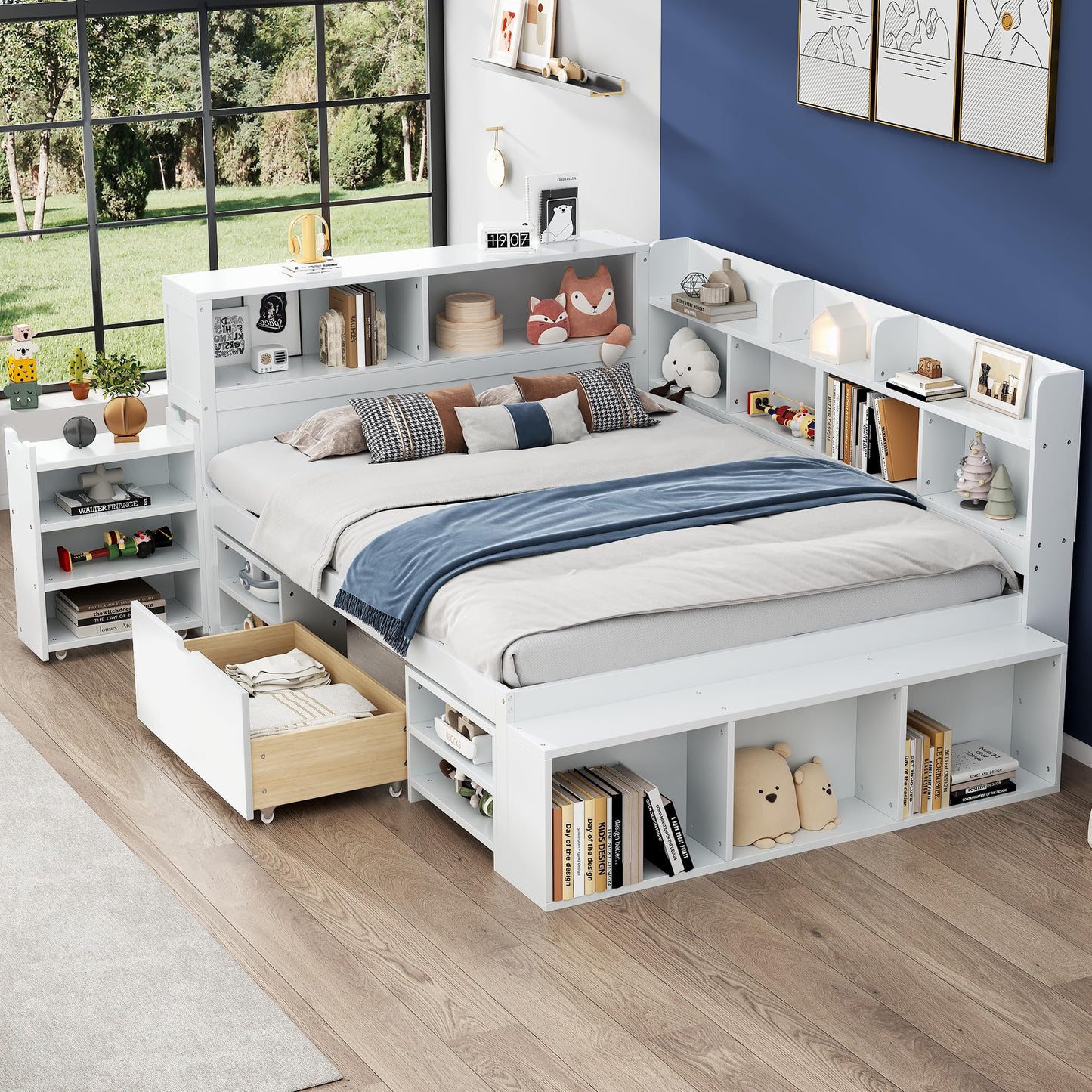 xixiworkshop Kinderbett 90x200cm Ausziehbett Bett mit Stauraum und USB-Steckdose/Mehreren Ablagefächern multifunktionales Jugendbett/Gästebett/Doppelbett mit Stauschrank Lattenrost,Ohne Matratze,Grau