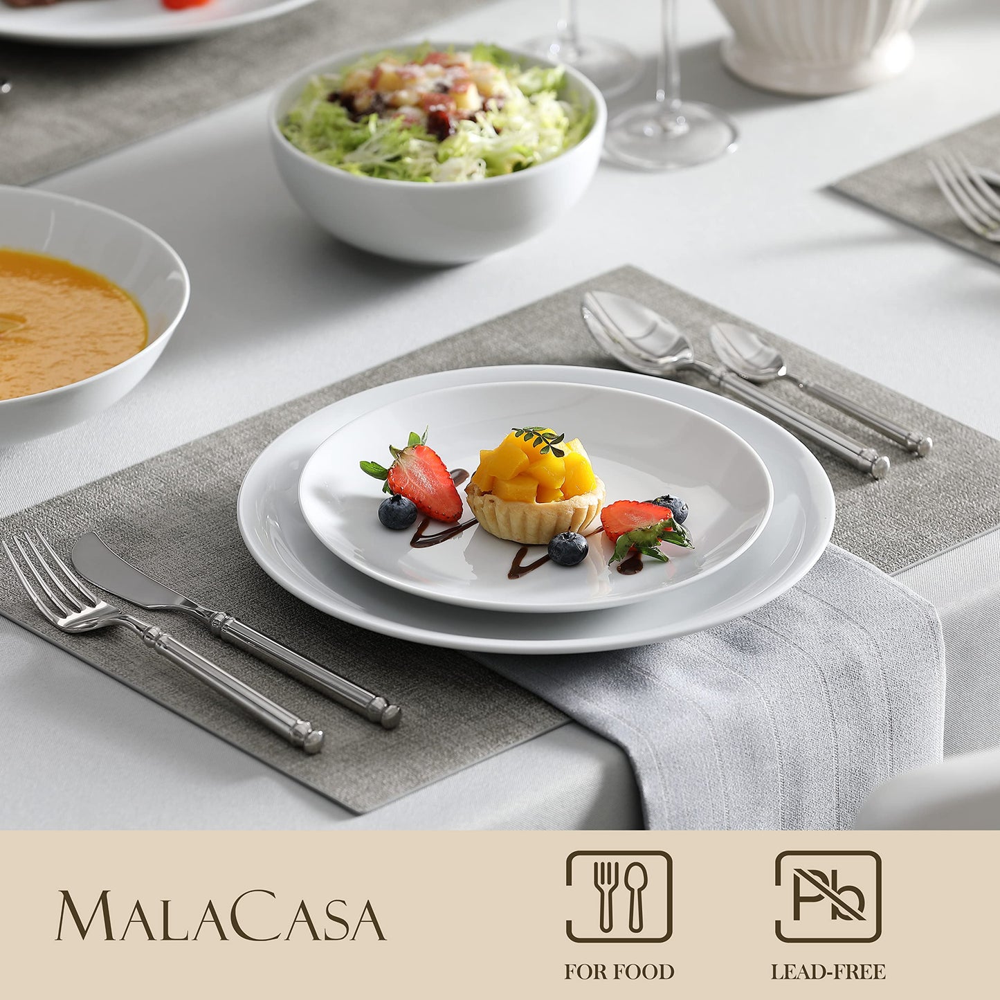 MALACASA Geschirrset 6 Personen, Amelia 24-tlg Modernes Porzellan Geschirr Set, Tafelservice mit je 6 Speiseteller, Dessertteller, Suppenteller und Müslischalen, Teller Set 6 Personen - Weiß