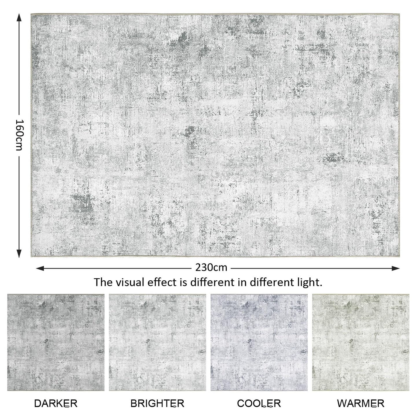Guchuang Bedding Living Room Rug 140 x 200 cm, Grey Green Rug Vintage Mottled Smudged Design Short Pile Rugs, Washable Non-Slip Rugs for Bedroom