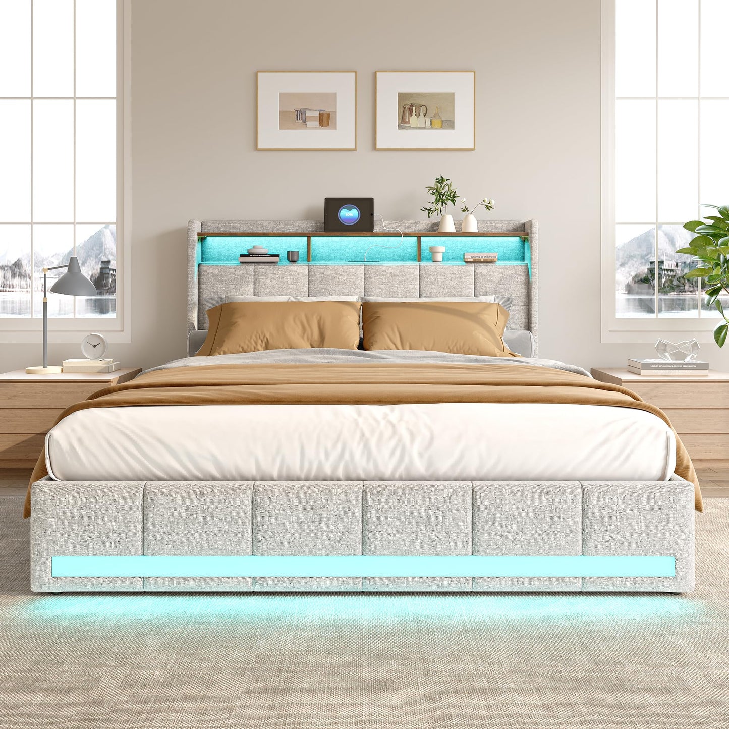 WOBOPCG Upholstered Double Bed 140 x 200, Hydraulic Storage Bed with Slatted Bases, Double Bed with Storage Space, Functional Bed with Storage Space (Grey + Flannel, 140 x 200)