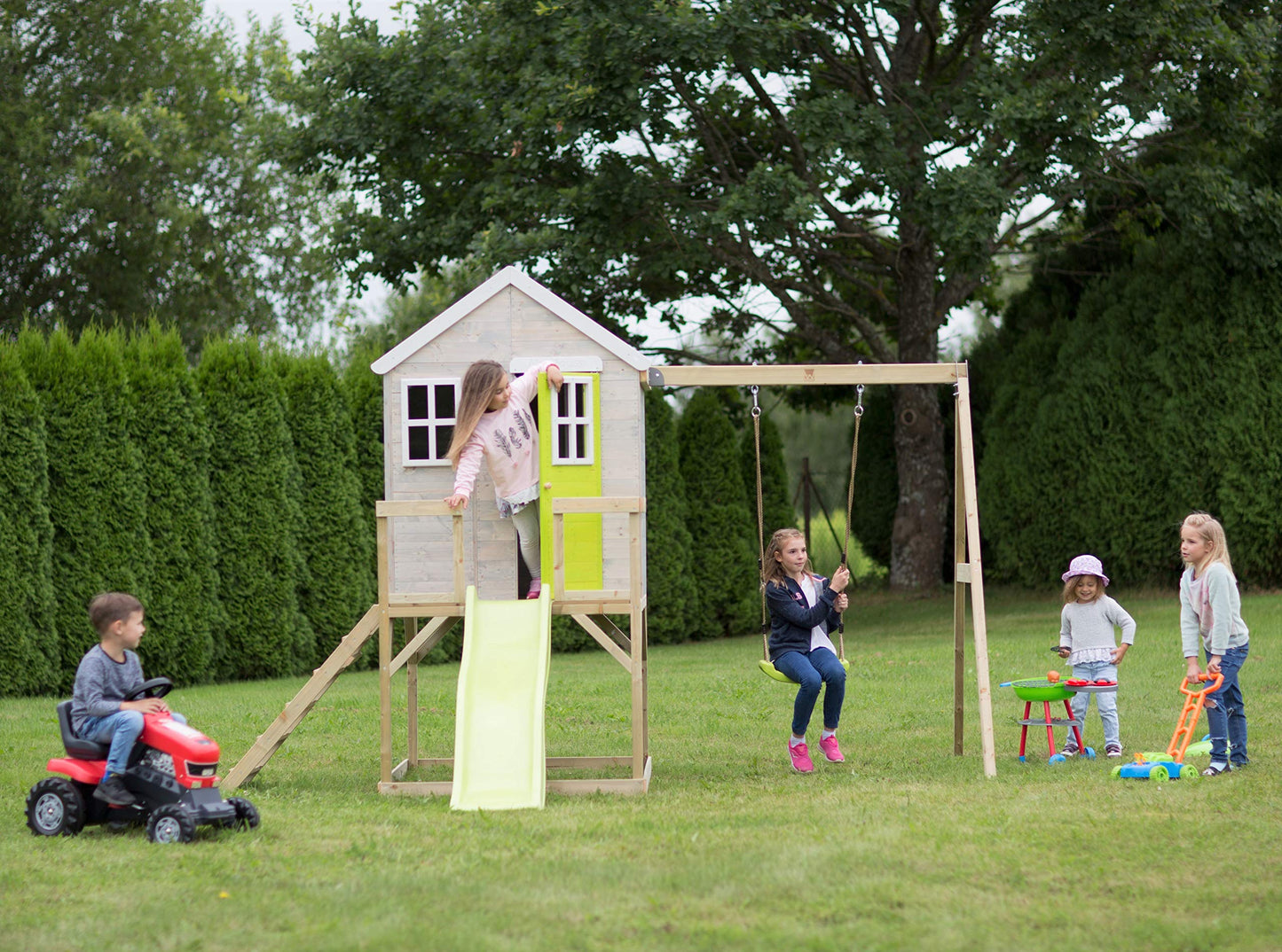 Wendi Toys M24G Children's Outdoor Stilt House with Slide and Swing, 330 x 350 x 242 cm, Grey, FSC Wood, Playhouse Children Outdoor with Swing & Plastic Slide for Garden, Playground for Garden