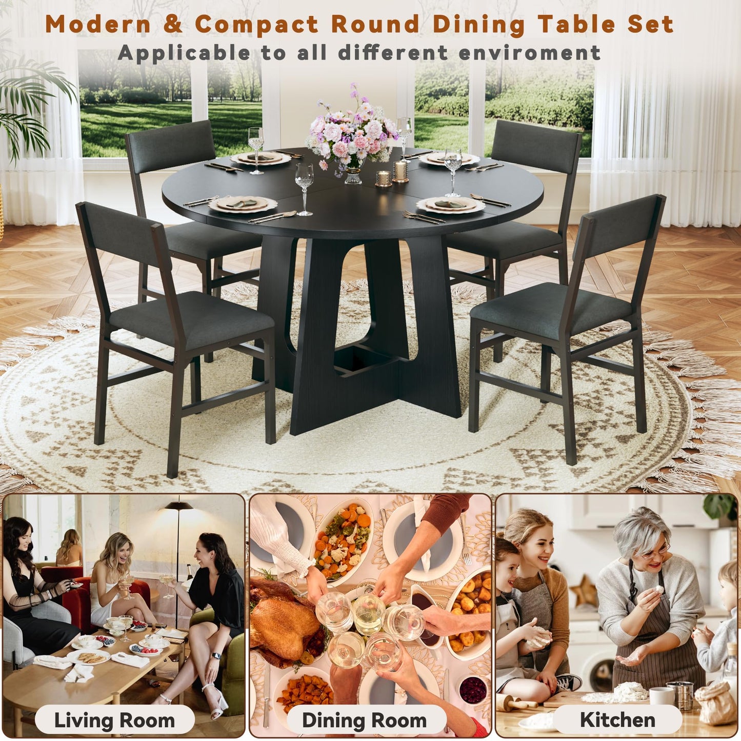 Round Dining Table Set for 6, 7-Piece Kitchen Table and Chairs for 6, 47'' Round Dining Room Table Set with 6 Chairs, Space Saving Dining Table with Wood Base for Kitchen, Living Room, Brown