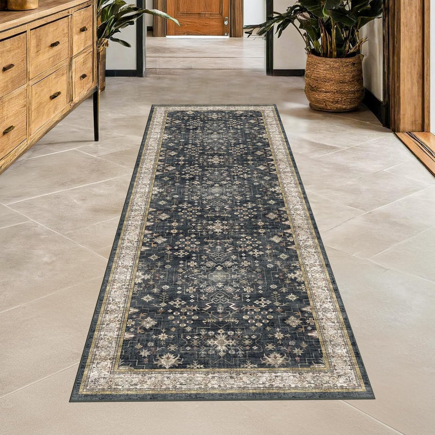 Black Washable Entry Rug, 2x3 Small Rugs for Entryway Kitchen Bathroom Door Mat Indoor Entrance, Non Slip Rubber Backing, Stain & Fade Resistant, Ashen Charcoal Floral Farmhouse Decor