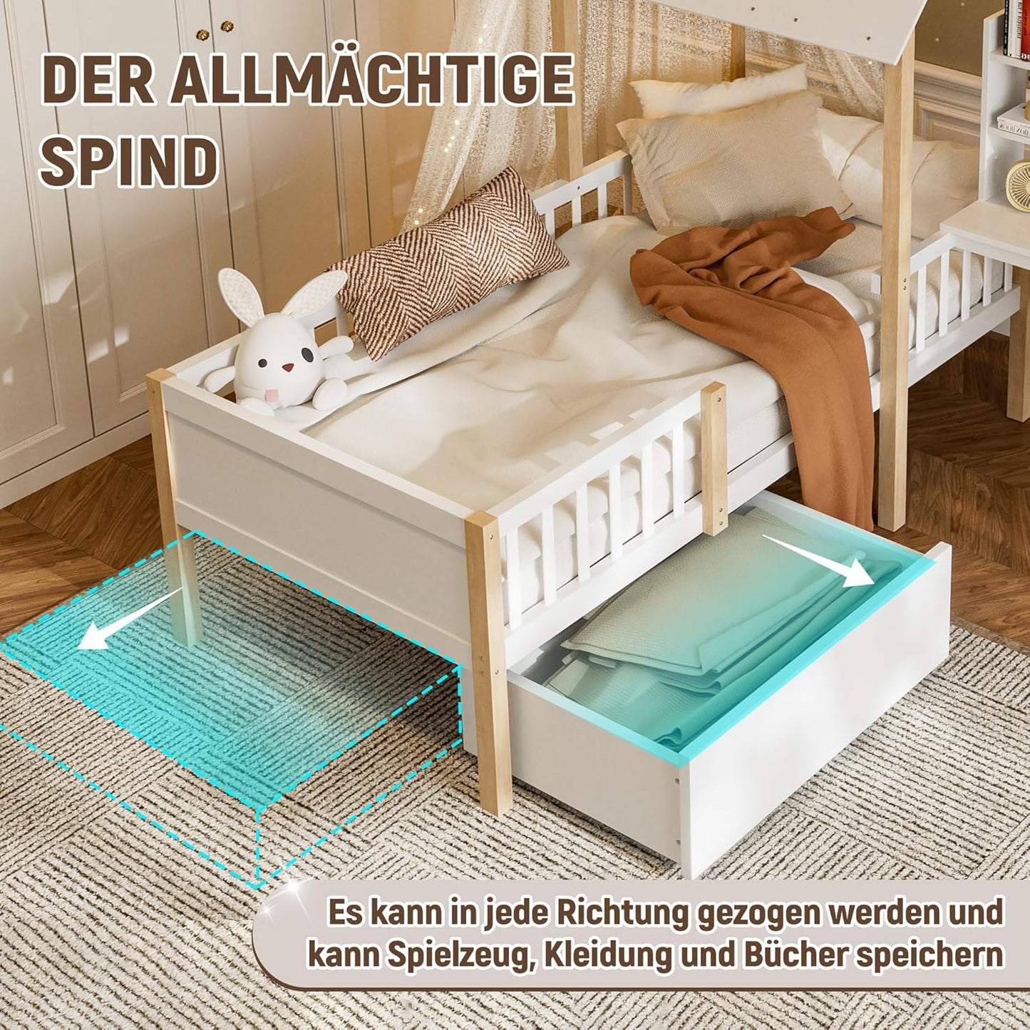 Merax Children's Bed 90 x 200 cm with Fall Protection, Children's House Bed with Drawers and Storage Shelf, Sturdy Wooden Tree House Bed with Slatted Frame, Play Bed for Boys and Girls, White