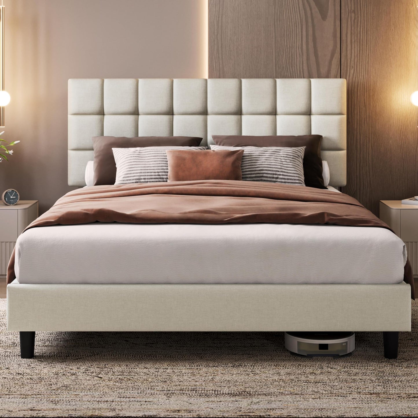 Yaheetech Upholstered Bed 140 x 200 cm Double Bed with Height-Adjustable Headboard, Sturdy Bed Frame, Fabric Bed with Slatted Frame, Padded Bed Frame, Youth Bed, Dark Grey