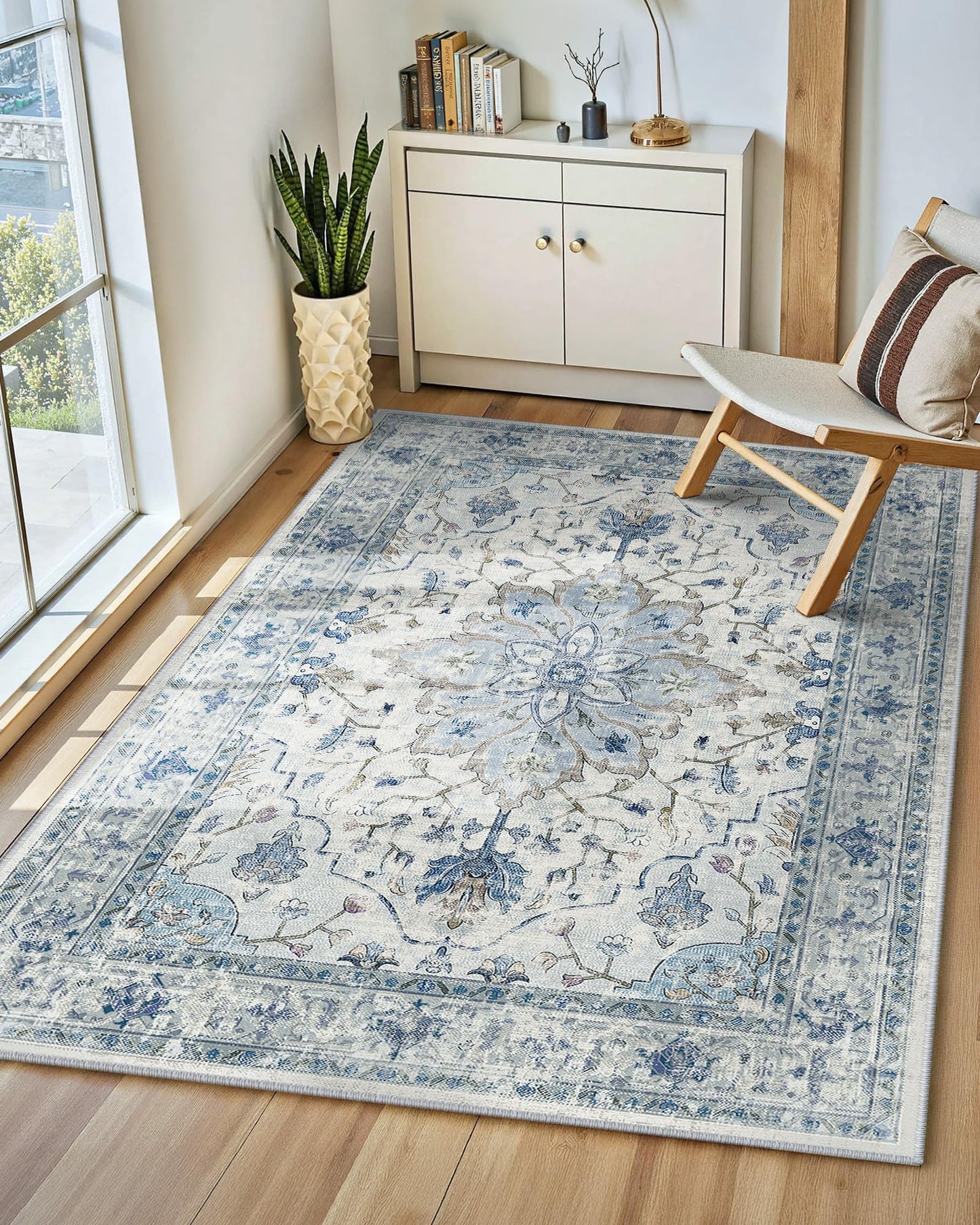 INOVADAY Vintage Waschbarer Teppich Wohnzimmer 90x150 cm Boho Kurzflor rutschfest Teppich Weich Teppiche mit Druckmuster für Schlafzimmer, Esszimmer, Büro Beige/Blau/Orange