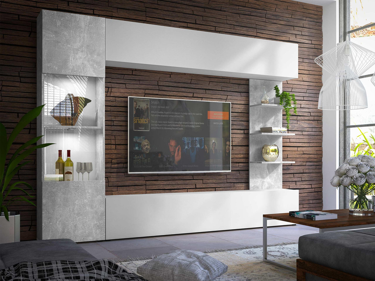 Lazando Wall Unit, Media Wall, Cabinet Wall Consisting of Wall Cabinet, Display Cabinet, TV Lowboard and Wall Shelf (Cashmere/Cremona Oak, with White LED Lighting)