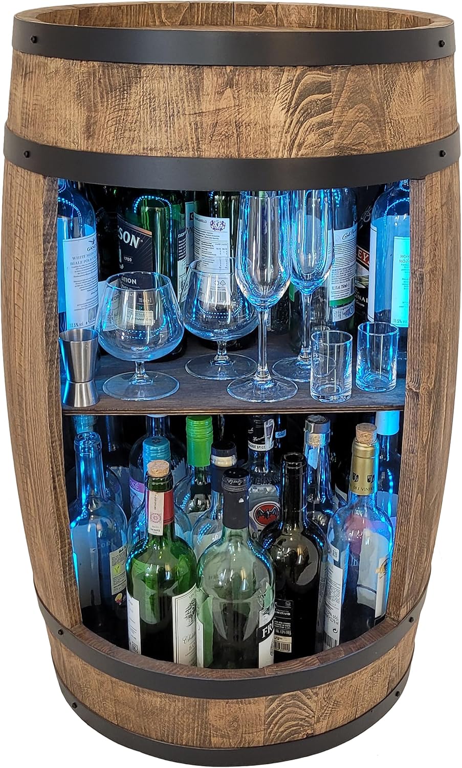 weeco Weinfass als Weinregal - Weinschrank Barschrank LED RGB Leuchten, Bar Tisch aus Holzfass, Wein Rack Flaschenständer deko Fassbier/hausbar Komodenschrank Holz Fass fur Wohnzimmer
