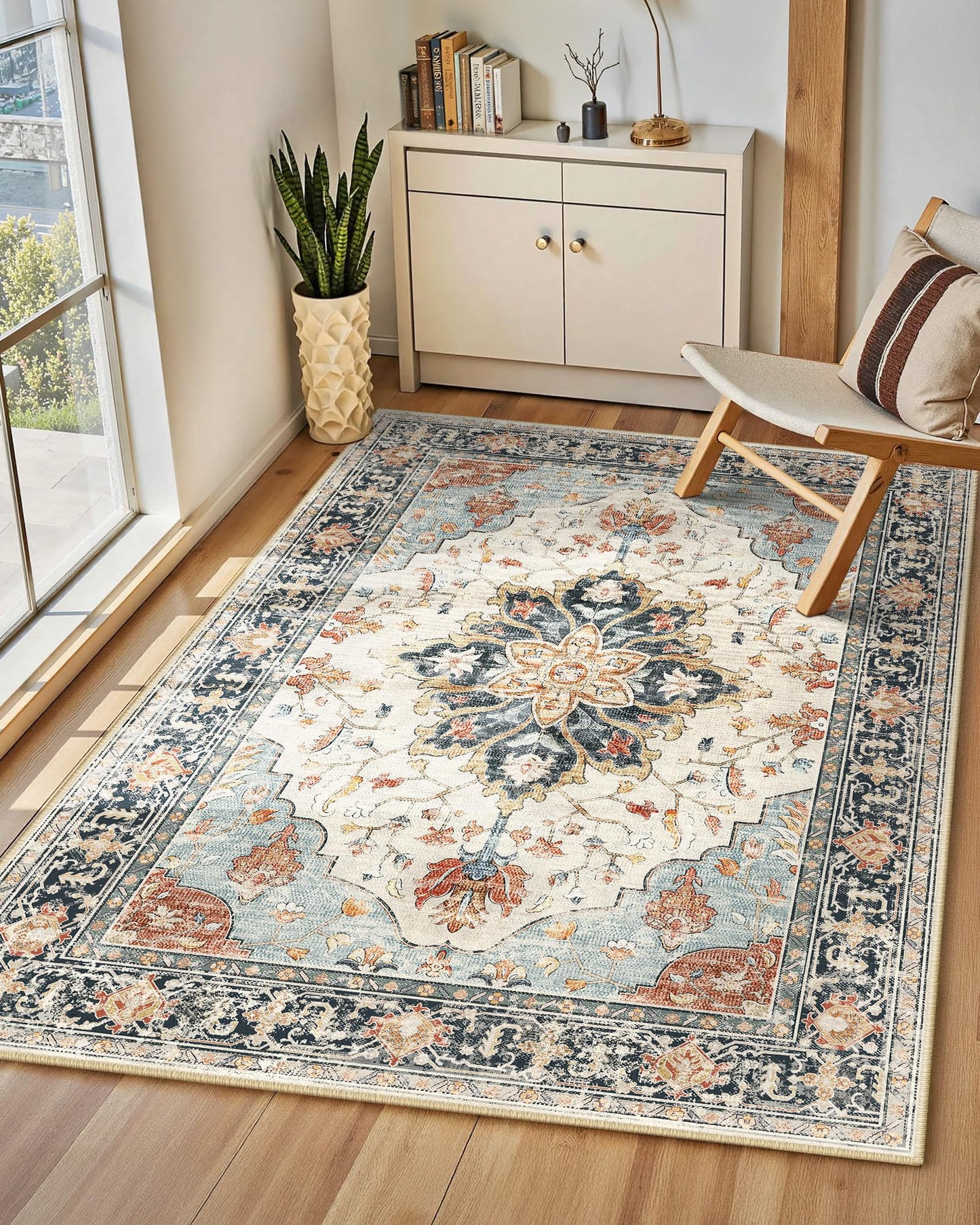 INOVADAY Vintage Waschbarer Teppich Wohnzimmer 90x150 cm Boho Kurzflor rutschfest Teppich Weich Teppiche mit Druckmuster für Schlafzimmer, Esszimmer, Büro Beige/Blau/Orange