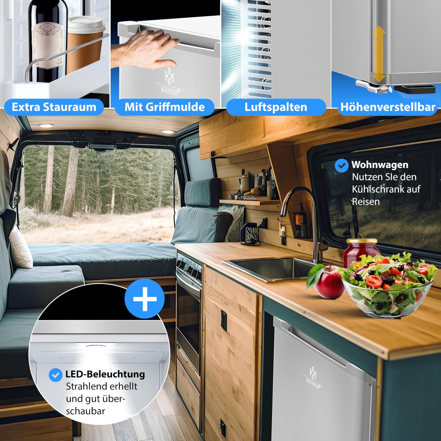 KESSER® Mini Fridge 40 L Lockable Mini Bar Ideal for Camping, Office, Bedroom, Hotel, Kitchen, Small Fridge Completely Silent, Interchangeable Door Hinge, Interior Lighting with Glass Opener