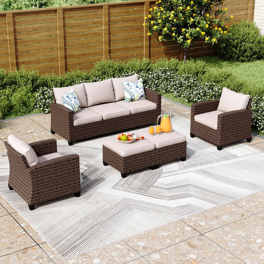 PHI VILLA Garden Furniture Set, Balcony Furniture, 5 Pieces, Rattan Lounge Furniture, Outdoor Garden Lounge Set, 7-Seater, Patio Furniture, Modular Furniture with Reinforced Cushions, Beige