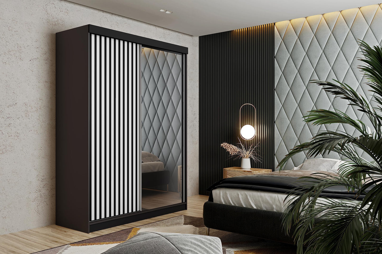 KIER FURNITURE Mehrzweckschrank Malani 200 Schiebetürenschrank - Eleganter Kleiderschrank Schrank Garderobe Spiegel - Wohnzimmerschrank Schiebetüren - Graphit Anthrazit 200x205x59 cm