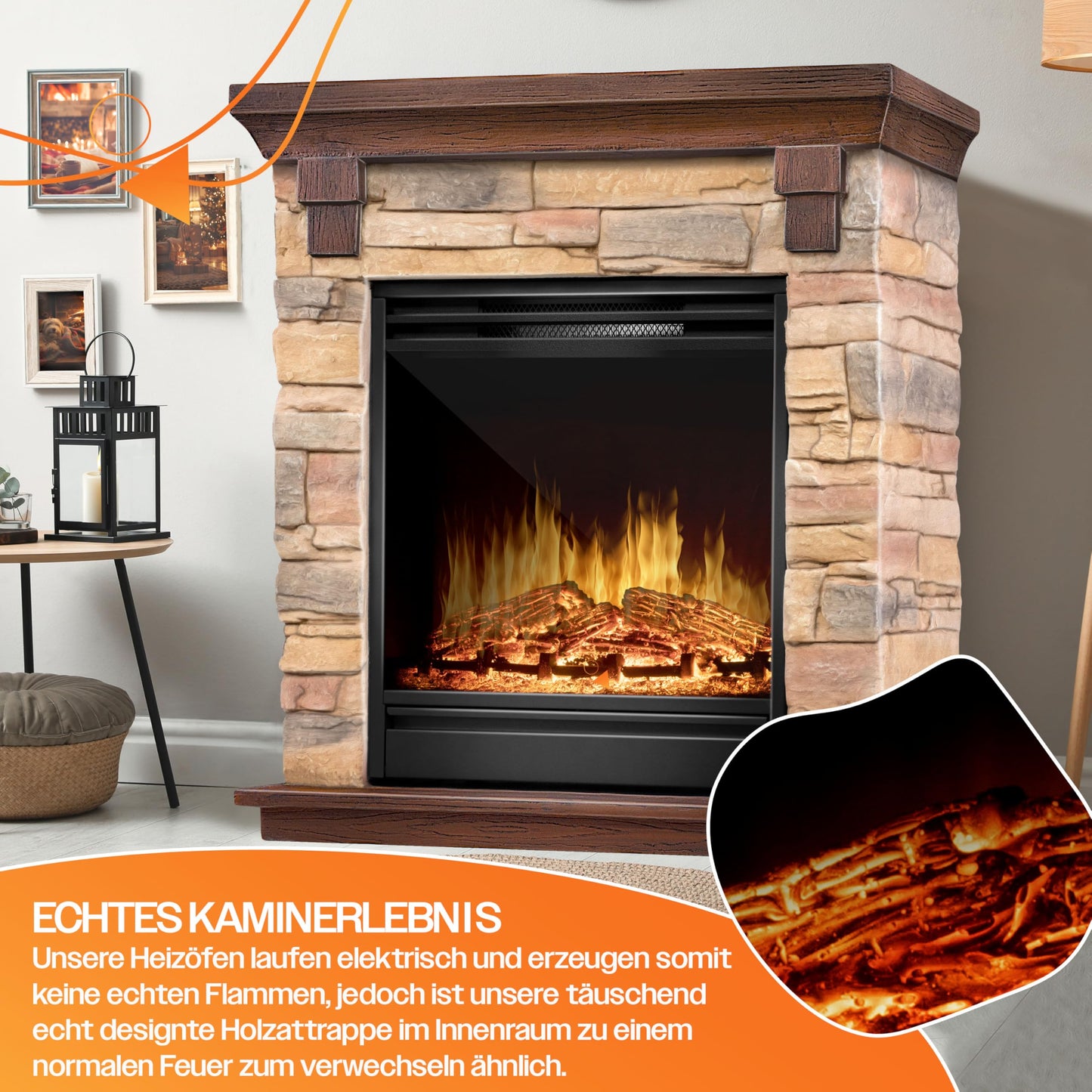 KESSER® Electric Fireplace with LED 3D Flame Effect, Heating Function, 1,800 W Power, Timer, Thermostat, Remote Control, Dimmable, Stone Look/Grey