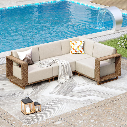 PHI VILLA Rattan Gartenmöbel Set Balkonmöbel für 6, Lounge Möbel Outdoor Sofa Sets für Garten und Terrasse, Allwetter Gartensofa Terassenmöbel Außen mit Dicken Weißen Kissen und Ergonomischem Design
