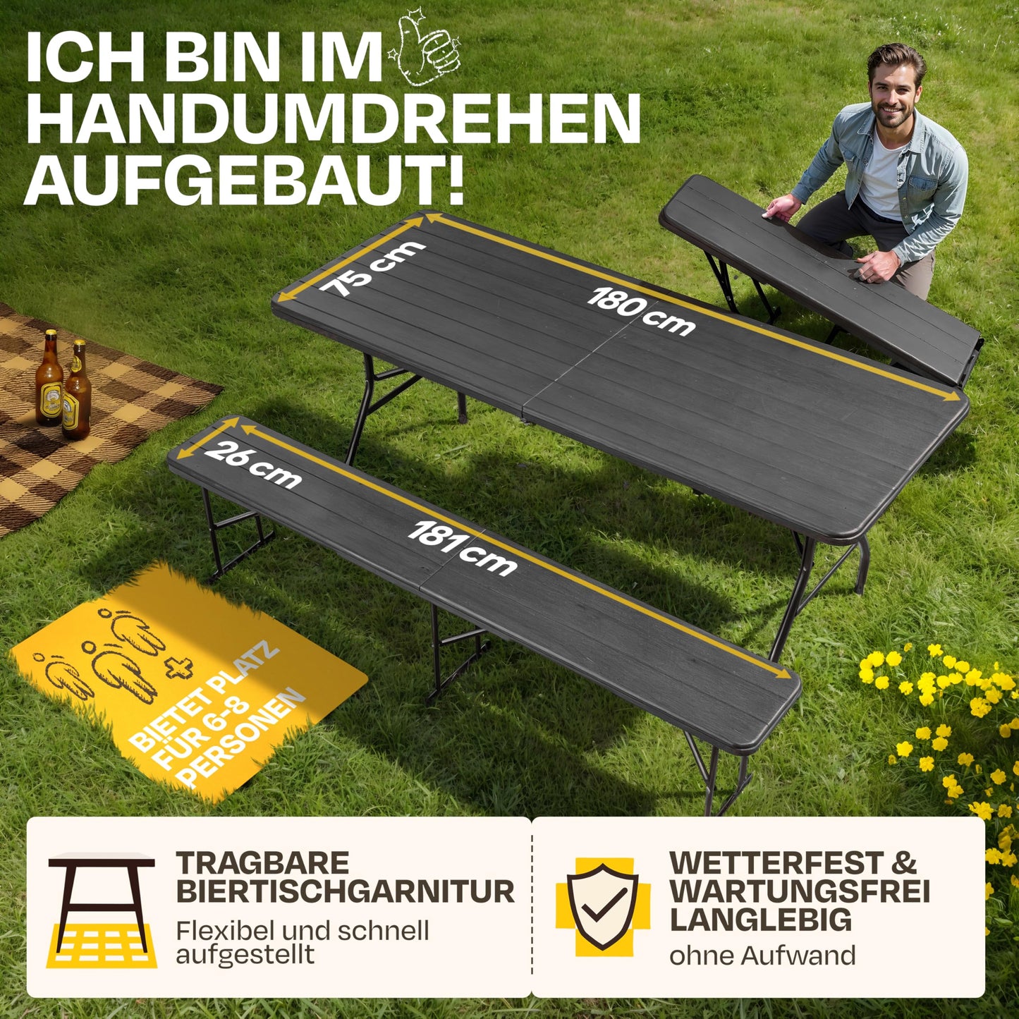Ondis24 Biertischgarnitur Lisa Campingtisch 2X Bierbank 1x Biertisch Sitzbank klappbar Bierzeltgarnitur 3tlg. einfach transportabel (Braun, XL)
