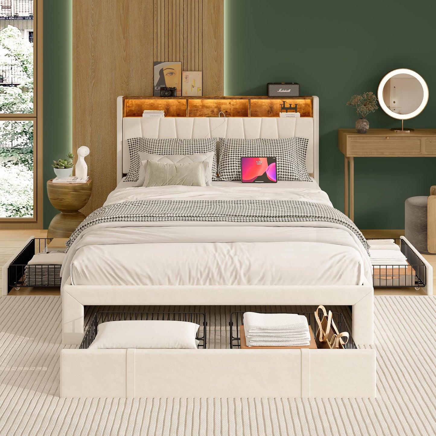 WOBOPCG Upholstered Double Bed 140 x 200, Hydraulic Storage Bed with Slatted Bases, Double Bed with Storage Space, Functional Bed with Storage Space (Grey + Flannel, 140 x 200)