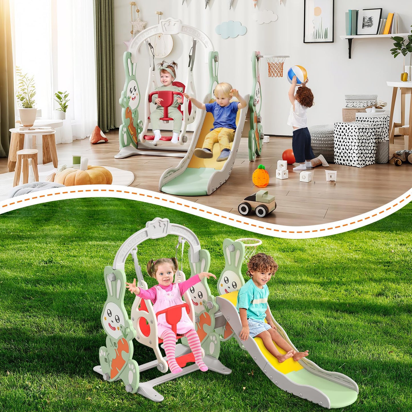 BestAlice 4 in 1 Kinderrutsche Set für Outdoor und Innen, Spielplatz mit Schaukel, Basketballkorb, Kletterleiter, Indoor- und Outdoor-Spielset, 18 Monate + (Blau)