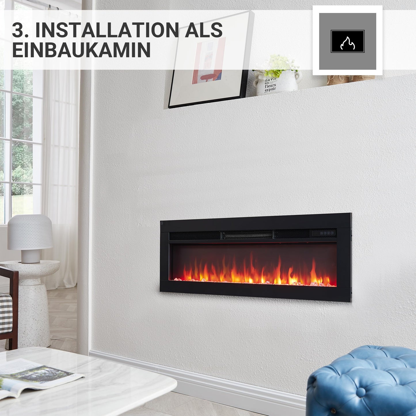 BALDERIA Elektrokamin Agnes 36" | 3in1 Elektrischer Stand-, Wand- oder Einbaukamin mit 3D-Flammeneffekt | Elektro Heizung 1800W | Kamin mit Fernbedienung, Startsteuerung, Timer & Thermostat | Schwarz